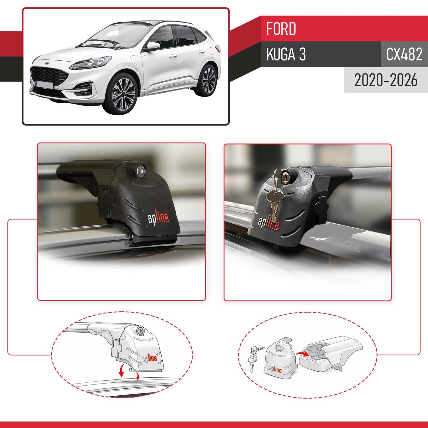 Compatible with Ford Kuga 3 (CX482) 2020-2025 ACE-2 Car Roof Rack Cross Bar Grey Aluminium 2 Bars