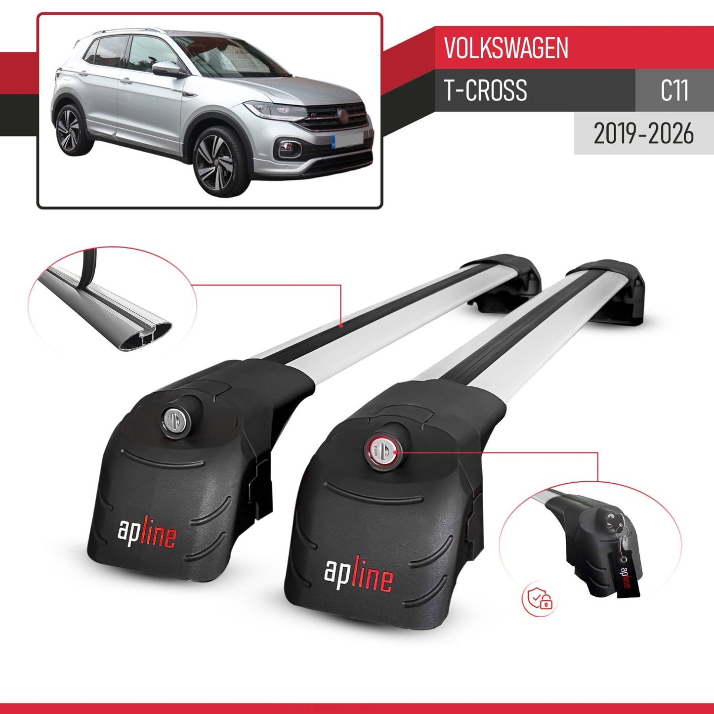 Compatible with Volkswagen T-Cross (C11) 2019-2025 ACE-2 Car Roof Rack Cross Bar Grey Aluminium 2 Bars
