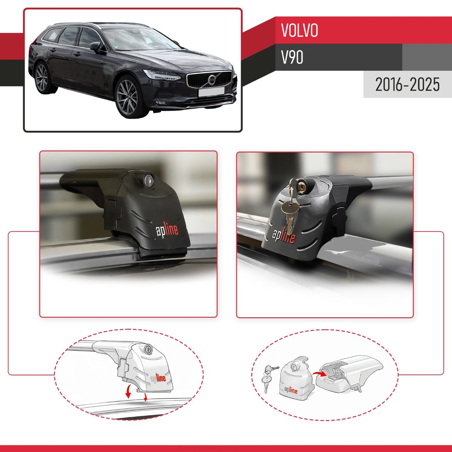 Compatible avec Volvo V90 2016-2025 ACE-2 modèle Barres de Toit Railing Porte-Bagages de Voiture Gris Aluminium Barres
