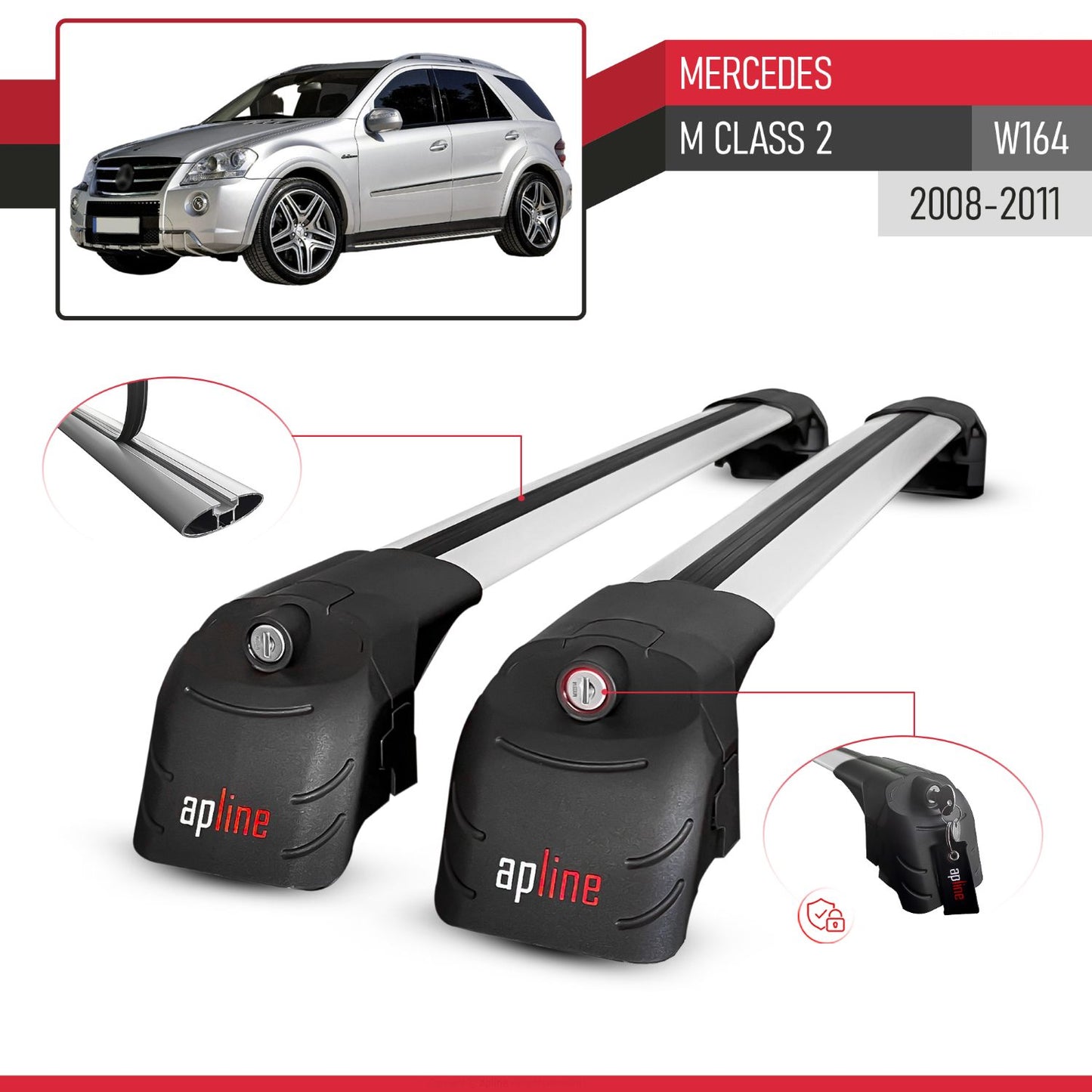 Compatible avec Mercedes M Class 2 (W164) Post-Facelift 2008-2011 ACE-2 modèle Barres de Toit Railing Porte-Bagages de Voiture Gris Aluminium Barres