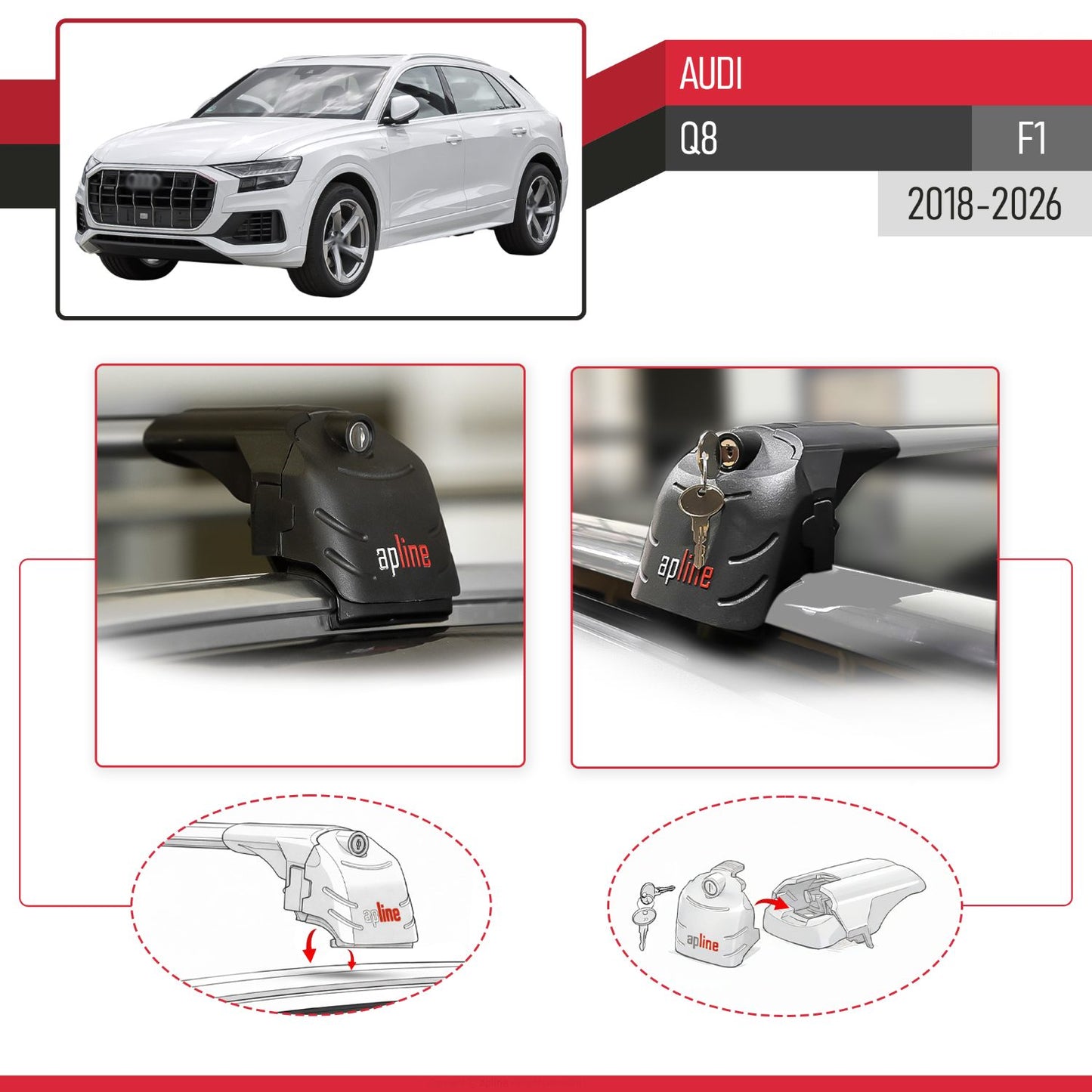 Compatible avec Audi Q8 (F1) 2018-2026 ACE-2 modèle Barres de Toit Railing Porte-Bagages de Voiture Gris Aluminium Barres