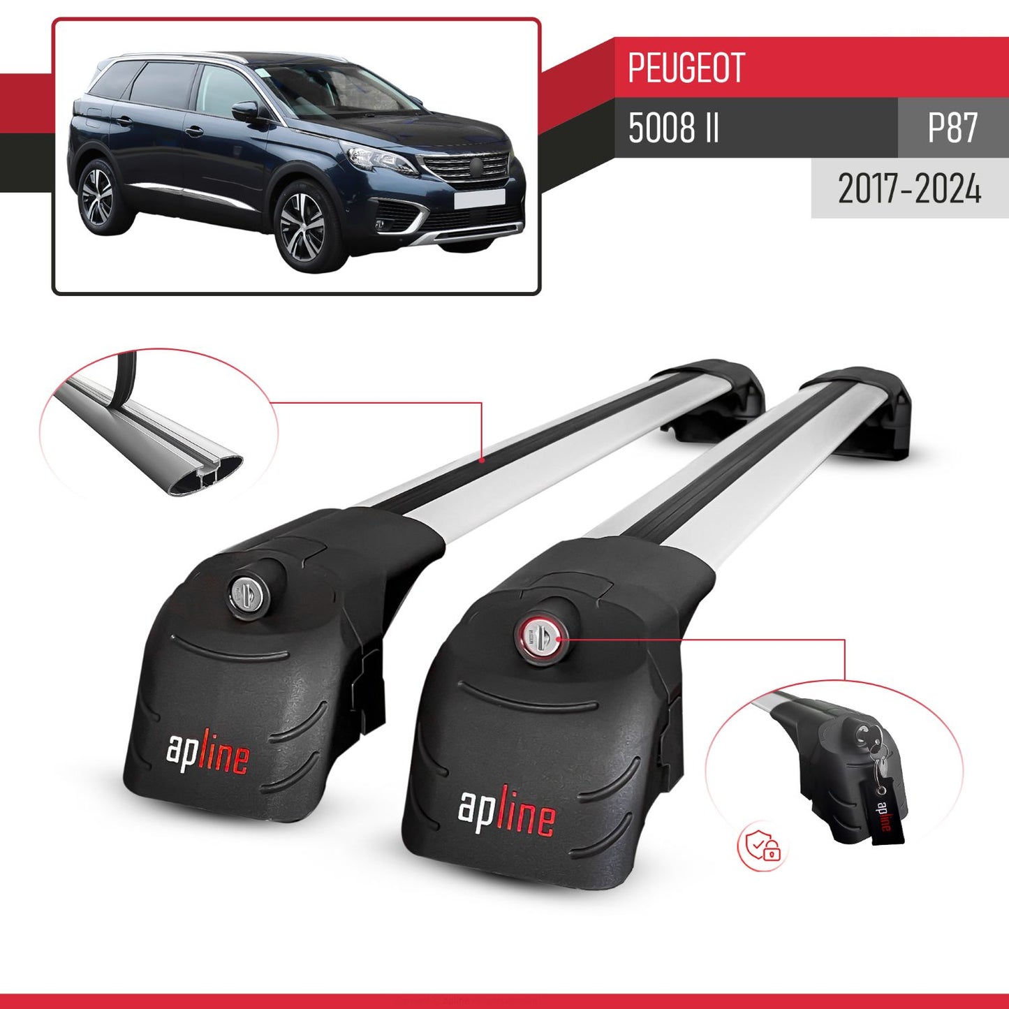 Compatible with Peugeot 5008 II (P87) 2017-2024 ACE-2 Car Roof Rack Cross Bar Grey Aluminium 2 Bars