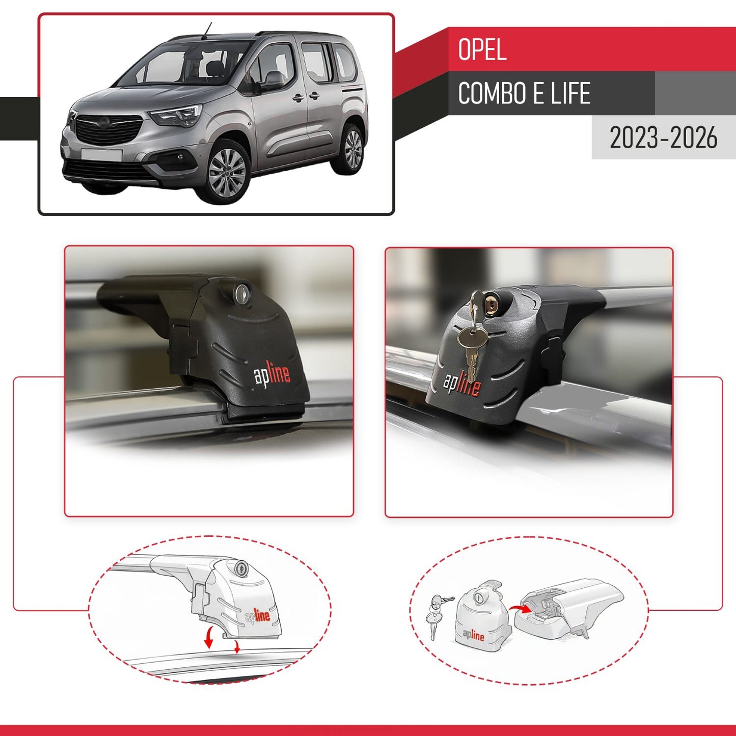 Compatible with Opel Combo E Life 2023-2025 ACE-2 Car Roof Rack Cross Bar Grey Aluminium 2 Bars