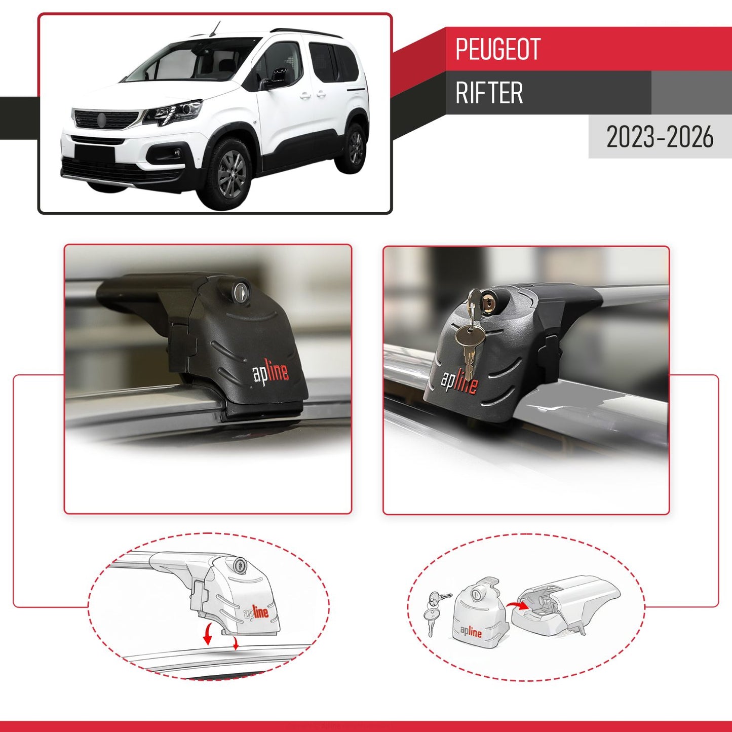 Compatible with Peugeot Rifter 2023-2024 ACE-2 Car Roof Rack Cross Bar Grey Aluminium 2 Bars
