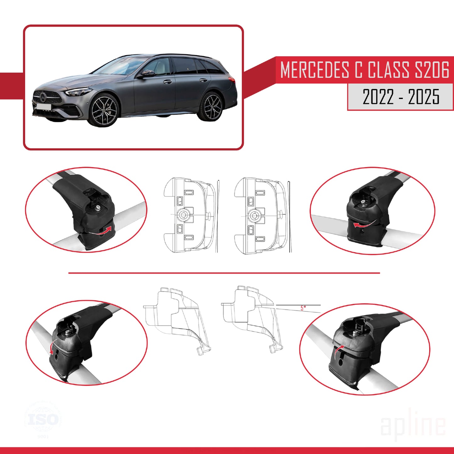 Compatible avec Mercedes Classe C 5 (S206) 2022-2025 ACE-2 Barres de Toit Railing Porte-Bagages de Voiture Gris Aluminium 2 Barres