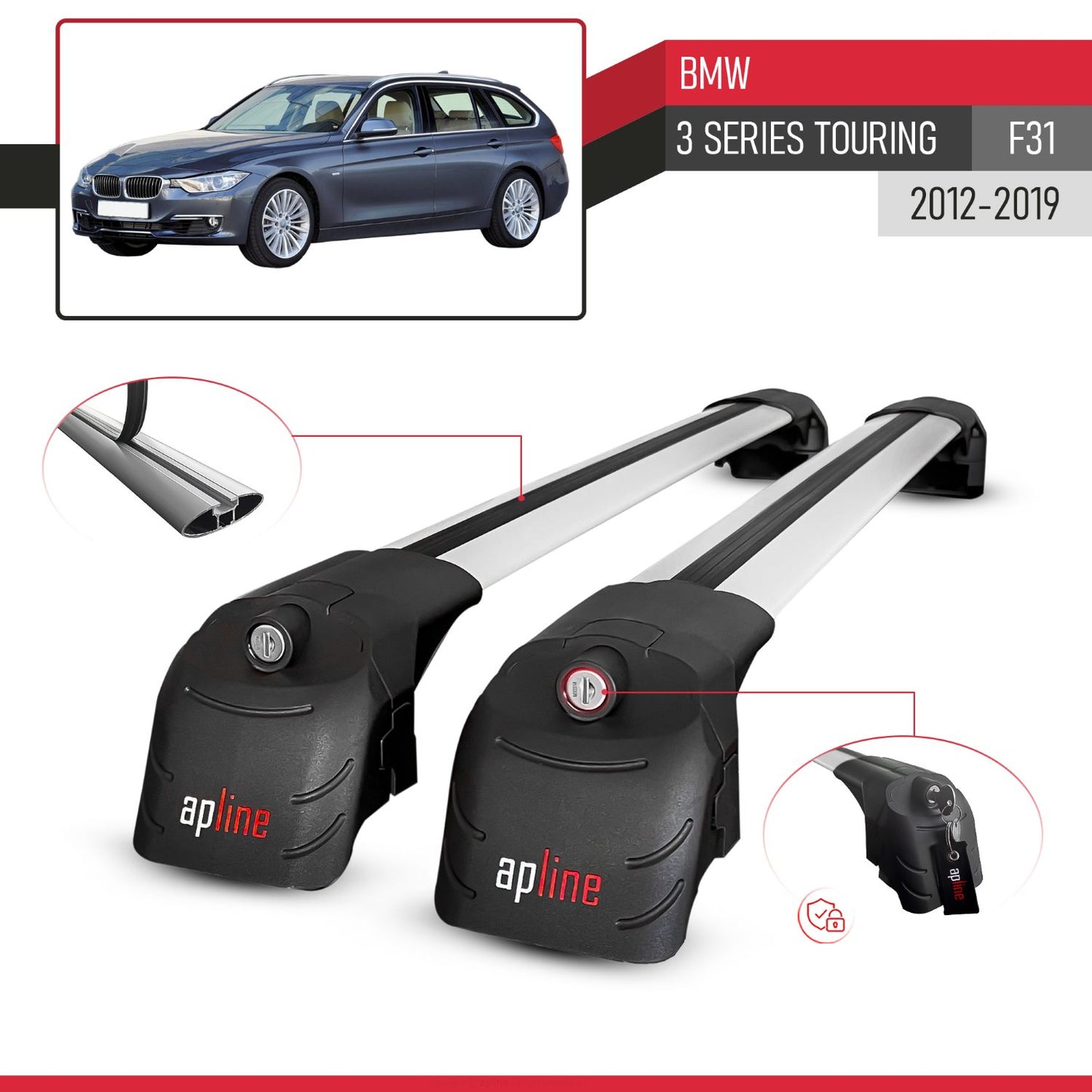 Compatible with BMW 3 Series (F31) Touring 2012-2019 ACE-2 Car Roof Rack Cross Bar Grey Aluminium 2 Bars