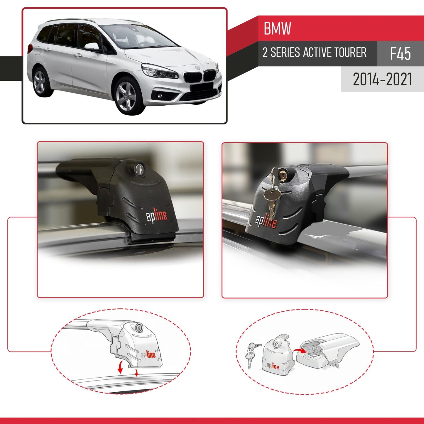 Compatible with BMW 2 Series (F45) Active Tourer 2014-2021 ACE-2 Car Roof Rack Cross Bar Grey Aluminium 2 Bars