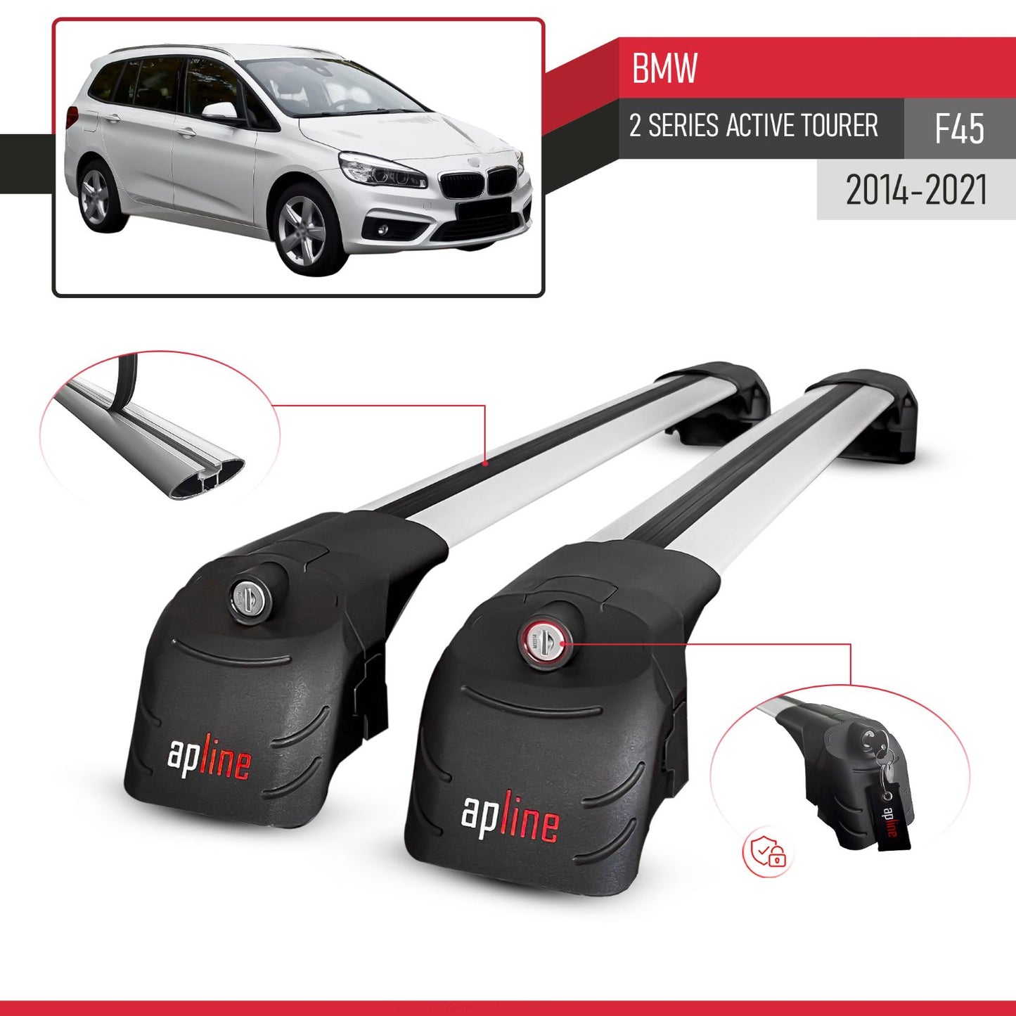 Compatible with BMW 2 Series (F45) Active Tourer 2014-2021 ACE-2 Car Roof Rack Cross Bar Grey Aluminium 2 Bars