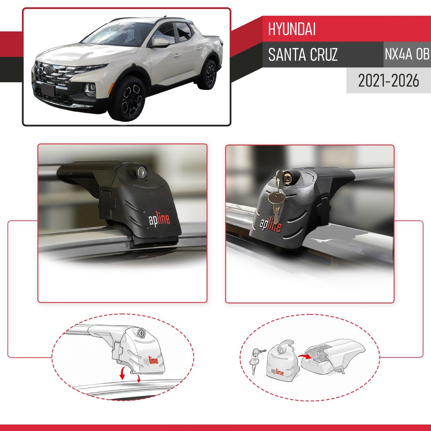 Compatible avec Hyundai Santa Cruz (NX4A OB) 2021-2026 ACE-2 modèle Barres de Toit Railing Porte-Bagages de Voiture Gris Aluminium Barres