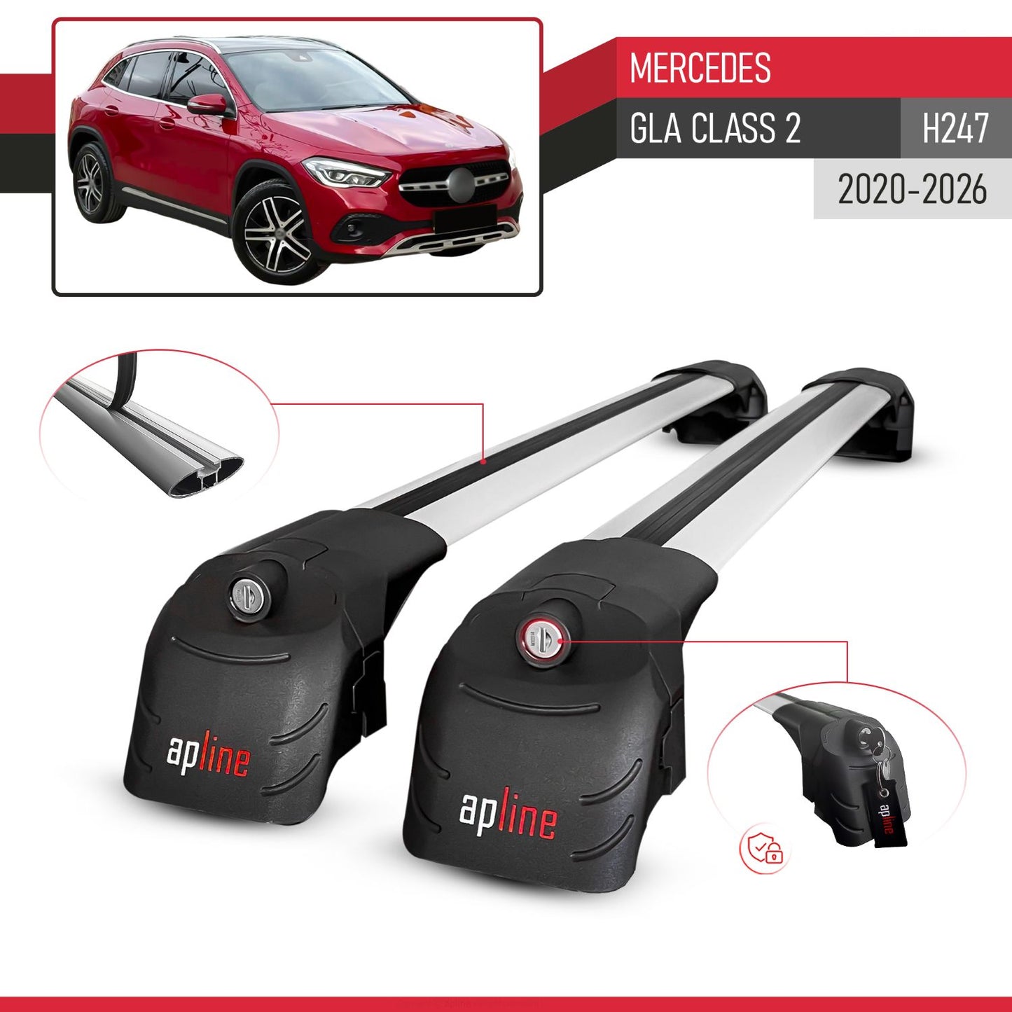Compatible with Mercedes GLA Class 2 (H247) 2020-2025 ACE-2 Car Roof Rack Cross Bar Grey Aluminium 2 Bars