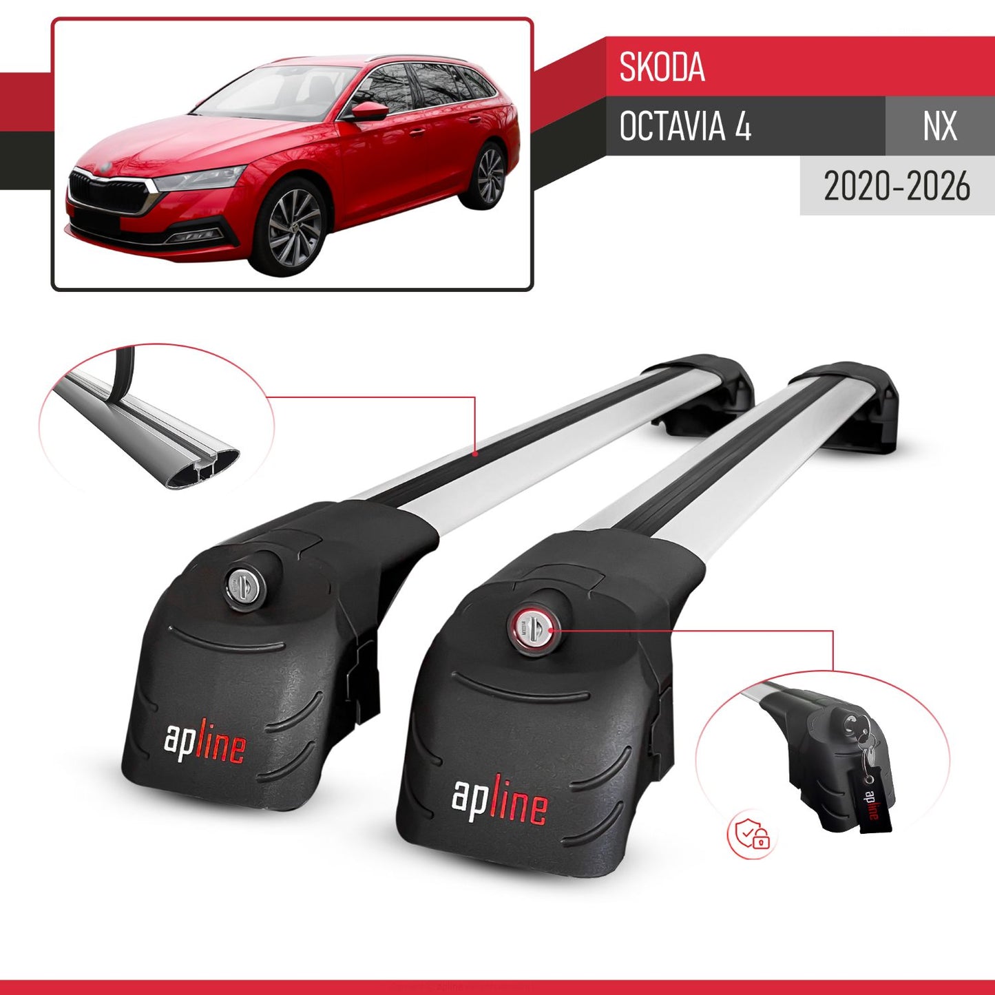 Compatible with Skoda Octavia 4 (NX) 2020-2025 ACE-2 Car Roof Rack Cross Bar Grey Aluminium 2 Bars