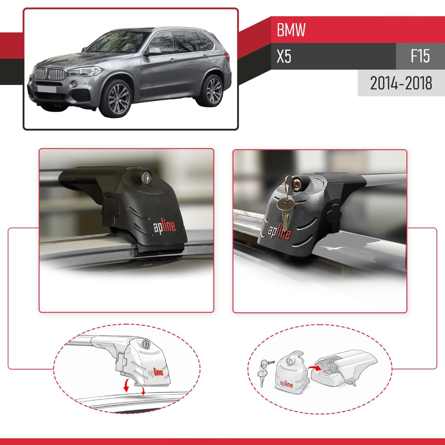 Compatible avec BMW X5 (F15) 2014-2018 2 Adet ACE-2 modèle Barres de Toit Railing Porte-Bagages de Voiture Gris Aluminium Barres