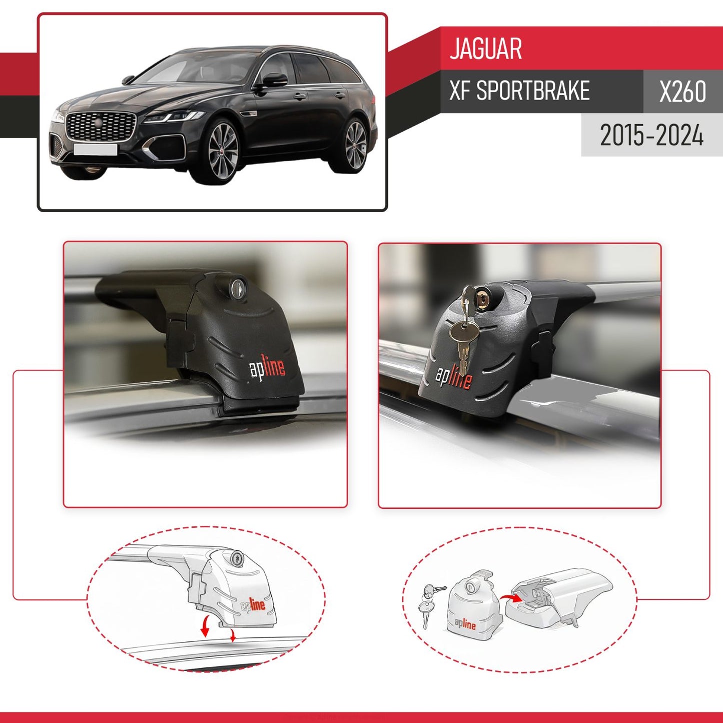Compatible with Jaguar XF Sportbrake 2015-2025 ACE-2 Car Roof Rack Cross Bar Grey Aluminium 2 Bars