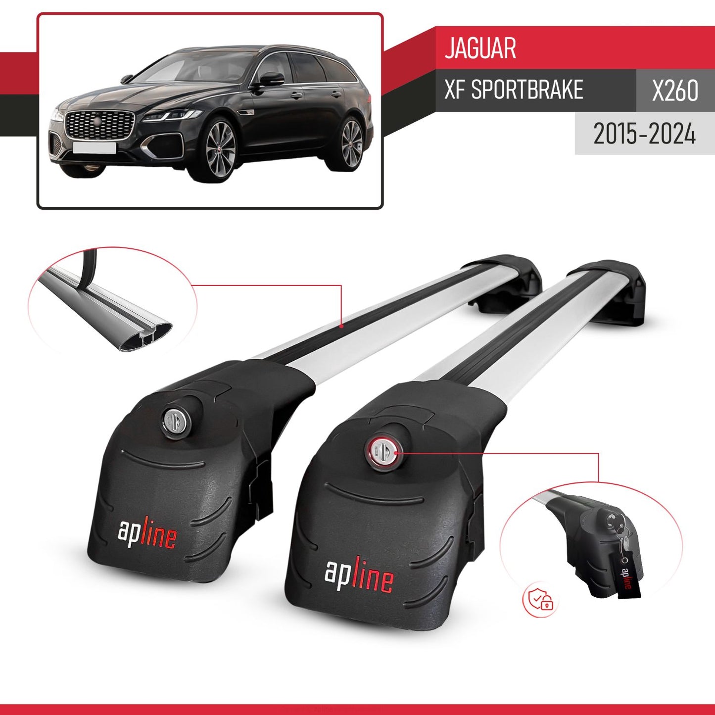 Compatible with Jaguar XF Sportbrake 2015-2025 ACE-2 Car Roof Rack Cross Bar Grey Aluminium 2 Bars