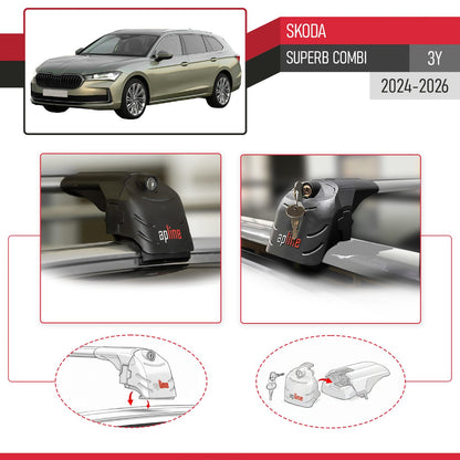 Compatible avec Skoda Superb Combi (3Y) 2024-2026 ACE-2 modèle Barres de Toit Railing Porte-Bagages de Voiture Gris Aluminium Barres