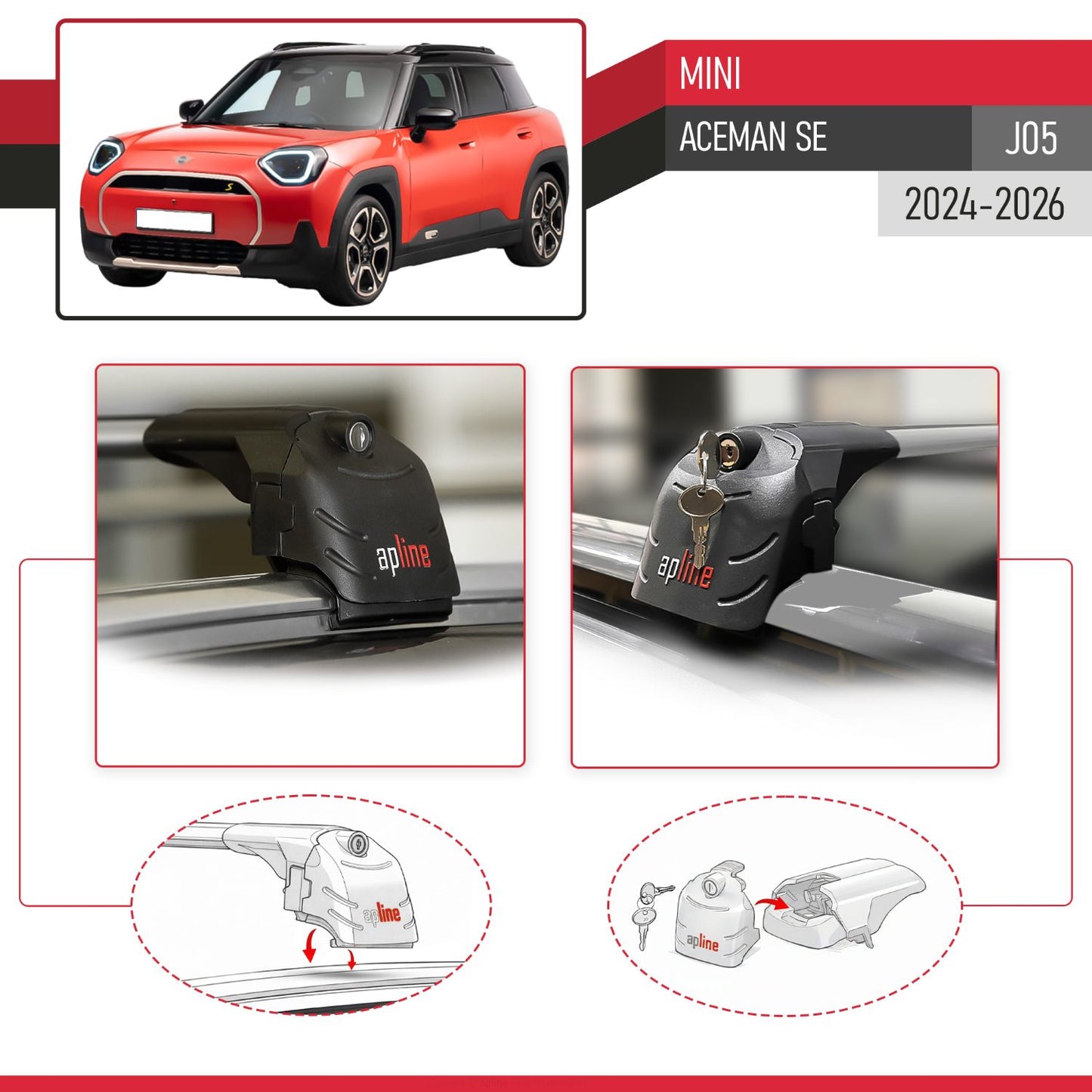 Compatible with Mini Aceman SE 2024-2025 ACE-2 Car Roof Rack Cross Bar Grey Aluminium 2 Bars