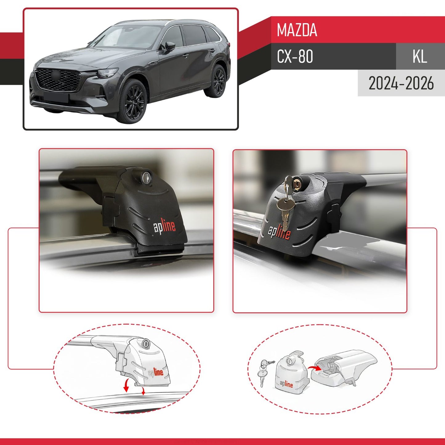 Compatible avec Mazda CX-80 (KL) 2024-2026 ACE-2 modèle Barres de Toit Railing Porte-Bagages de Voiture Gris Aluminium Barres