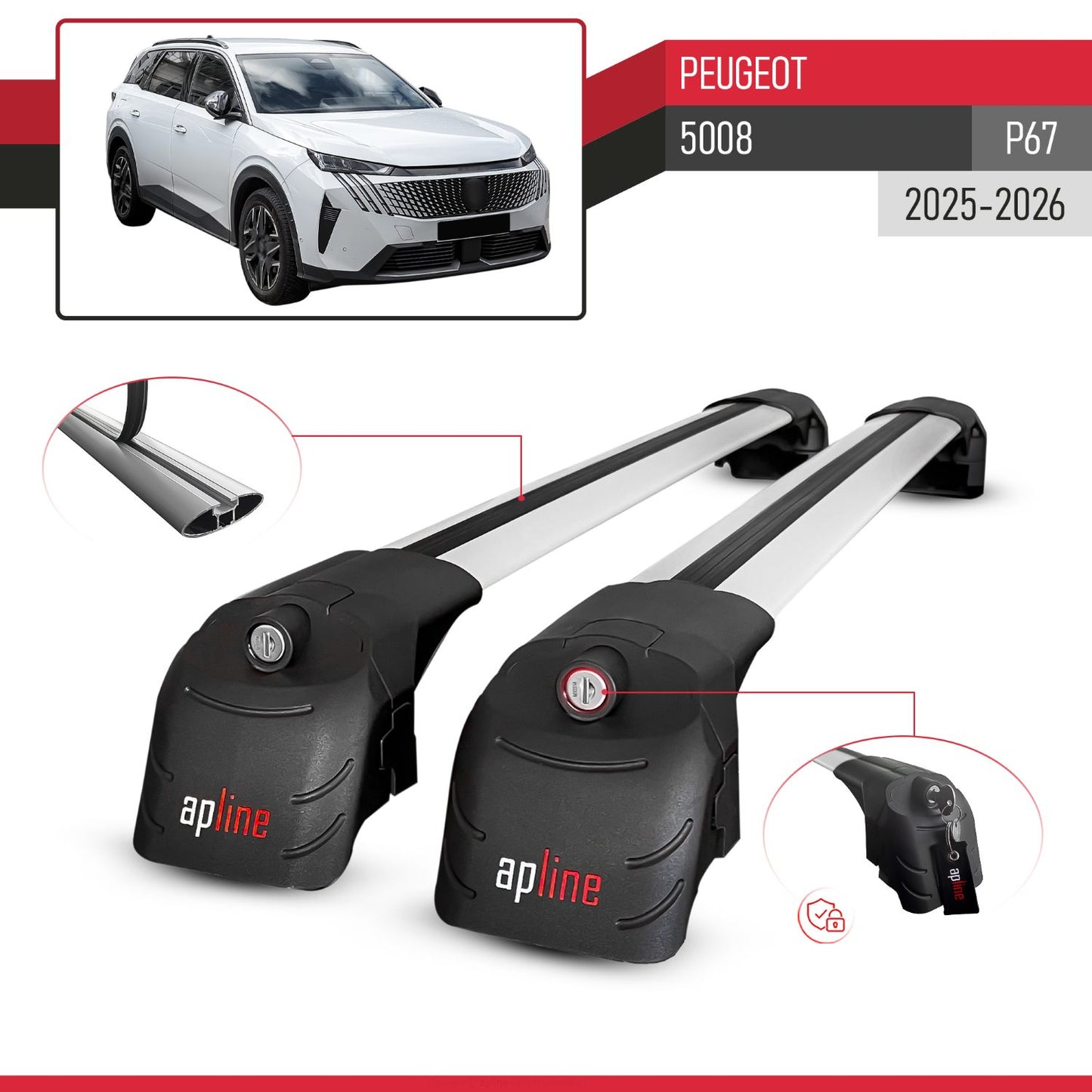 Compatible avec Peugeot 5008 (P67) 2025-2026 ACE-2 modèle Barres de Toit Railing Porte-Bagages de Voiture Gris Aluminium Barres