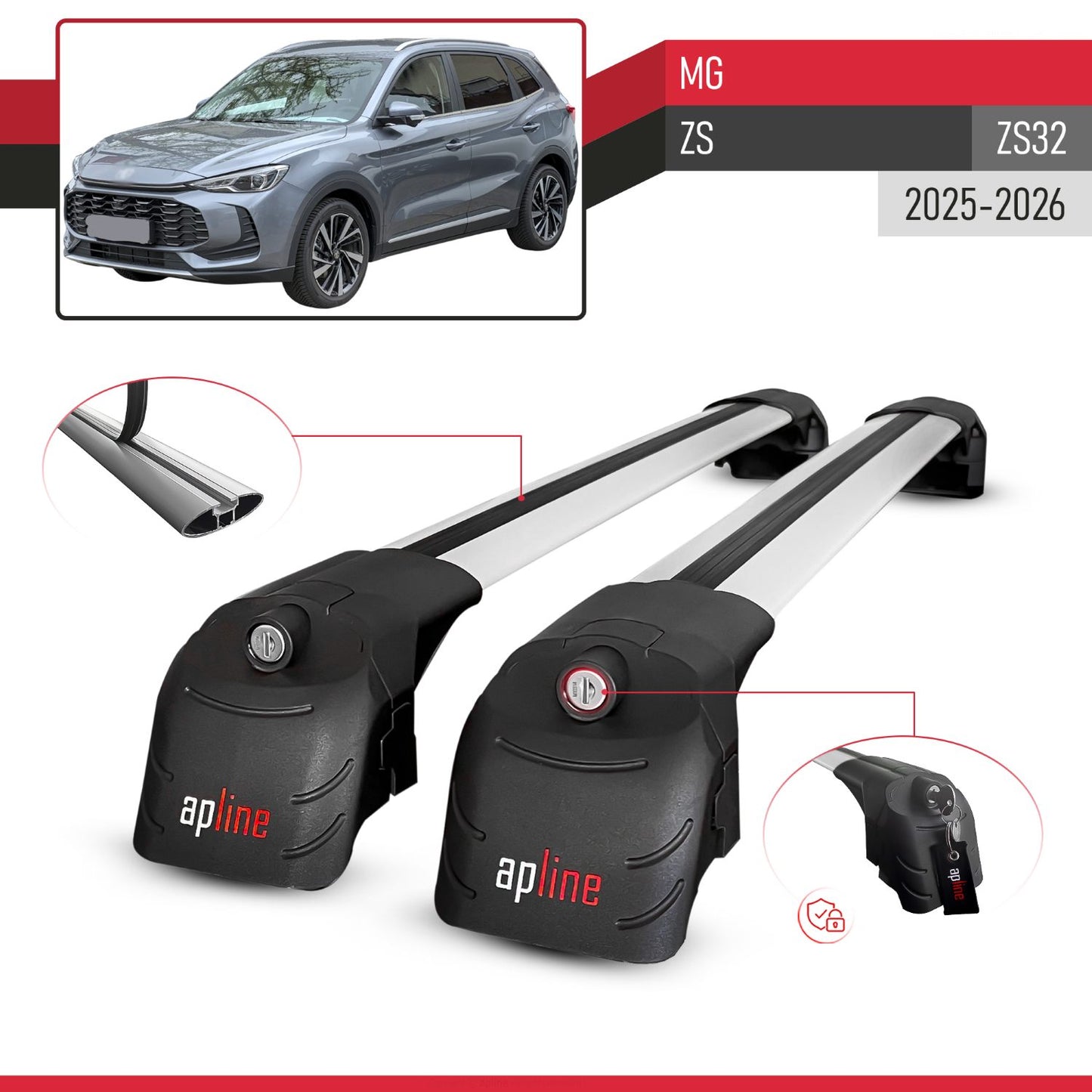 Compatible with MG ZS 2025-2026 ACE-2 Car Roof Rack Cross Bar Grey Aluminium 2 Bars