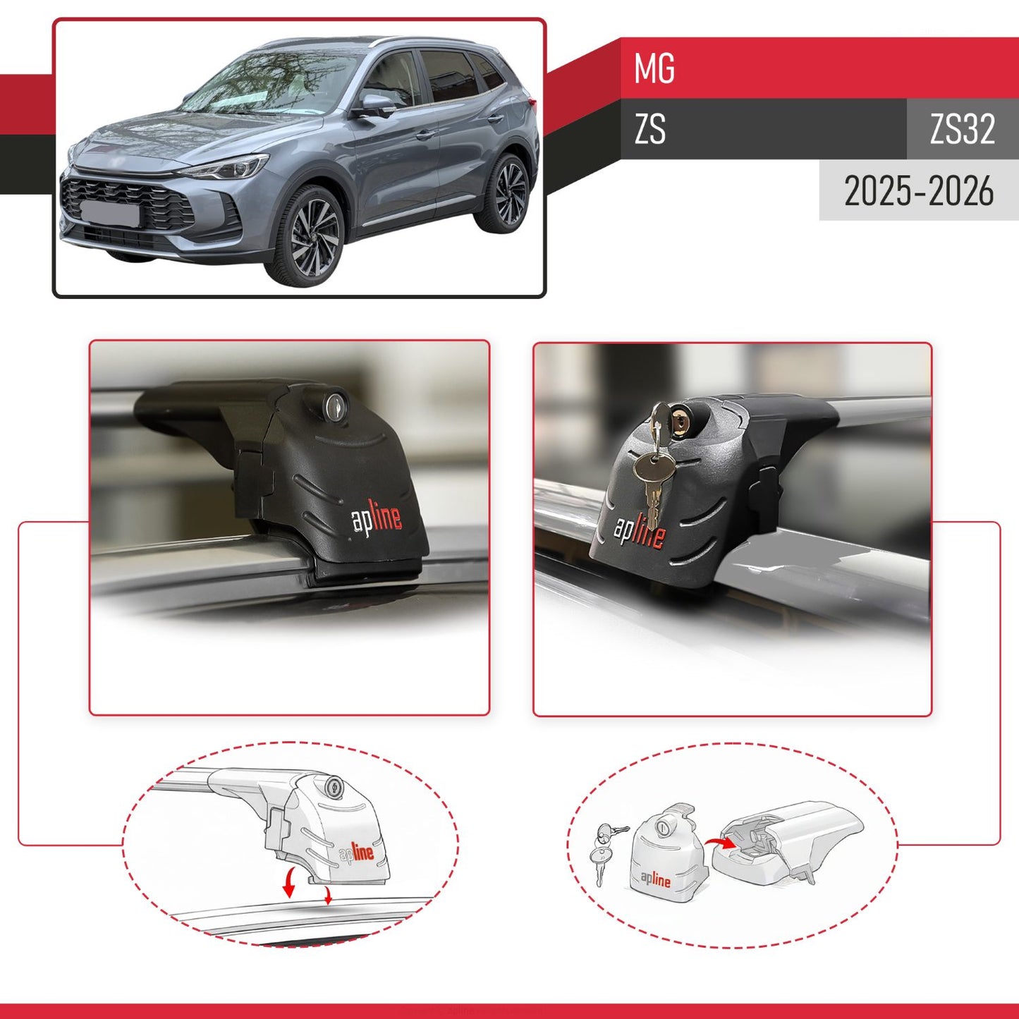 Compatible with MG ZS 2025-2026 ACE-2 Car Roof Rack Cross Bar Grey Aluminium 2 Bars
