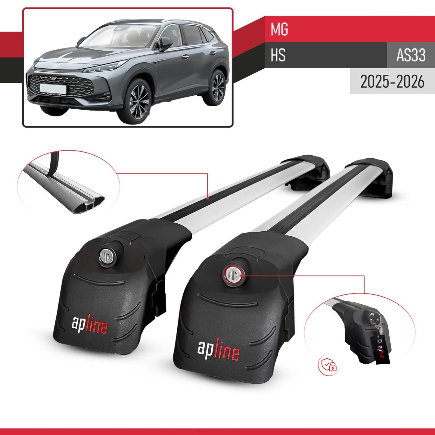 Compatible with MG HS 2025-2026 ACE-2 Car Roof Rack Cross Bar Grey Aluminium 2 Bars