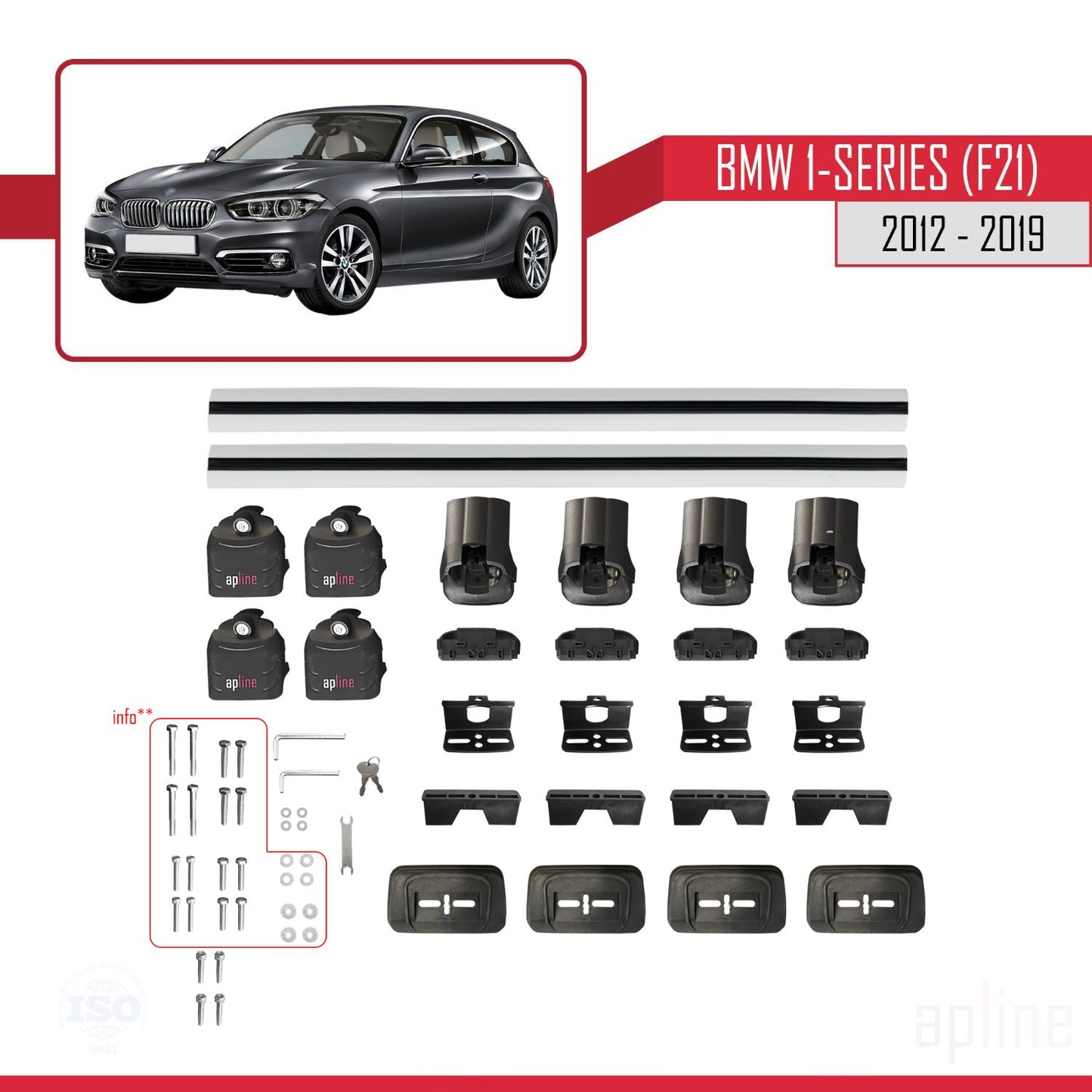 Compatible with BMW 1 Series (F21) 2012-2019 ACE-3 Car Roof Rack Cross Bar Grey Aluminium 2 Bars