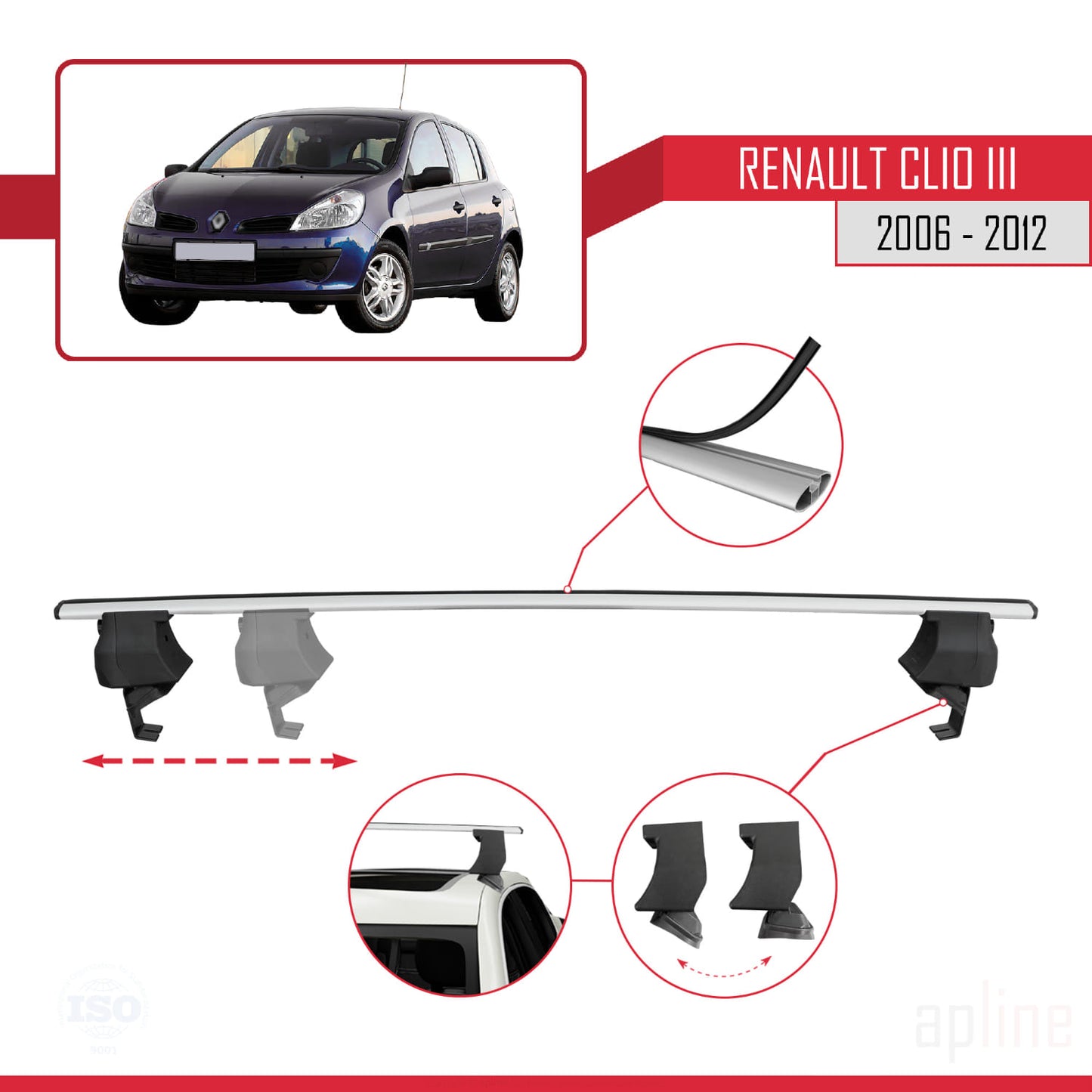 Compatible with Renault Clio 3 2006-2012 ACE-4 Car Roof Rack Cross Bar Grey Aluminium 2 Bars