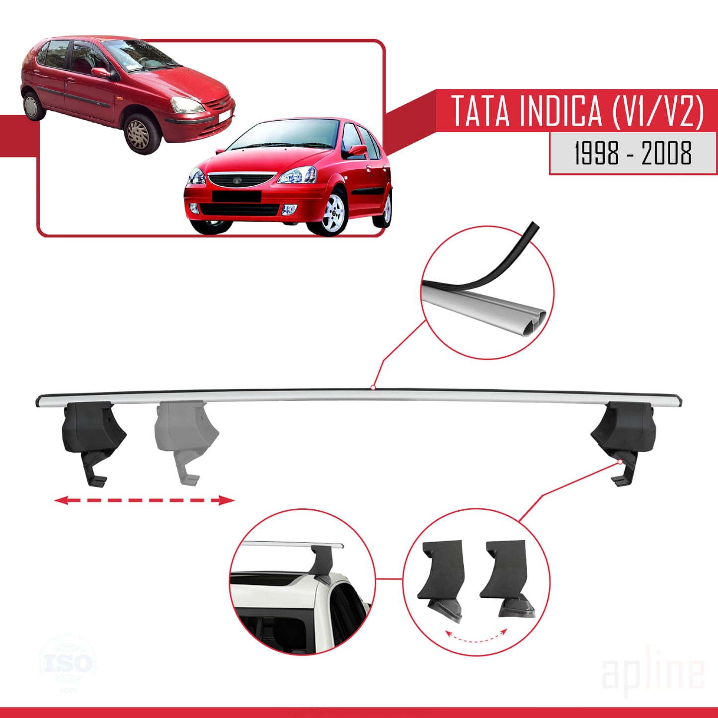 Compatible avec Tata Indica (V1/V2) 1998-2008 ACE-4 Barres de Toit Railing Porte-Bagages de Voiture Gris Aluminium 2 Barres