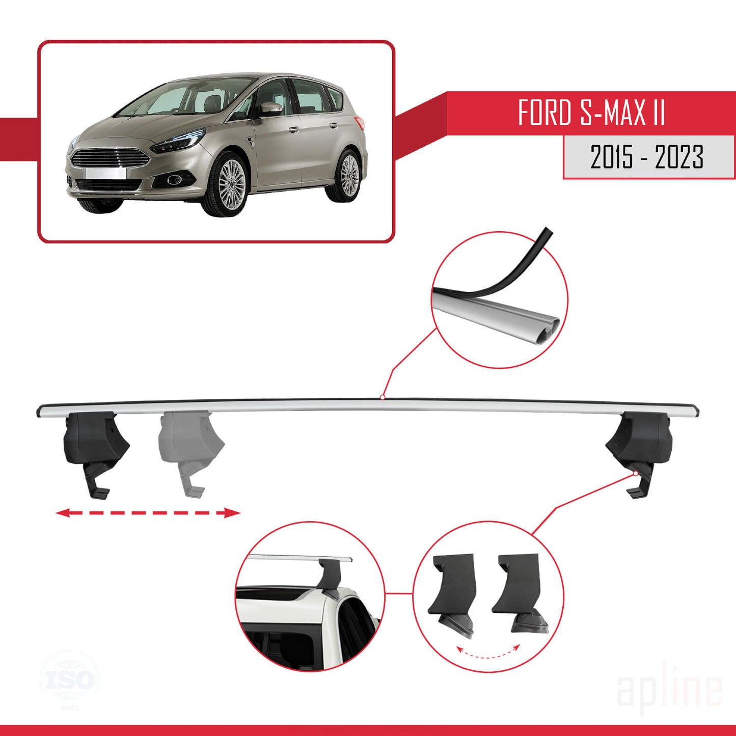 Compatible with Ford S-Max 2 (CD539) 2015-2023 ACE-4 Car Roof Rack Cross Bar Grey Aluminium 2 Bars