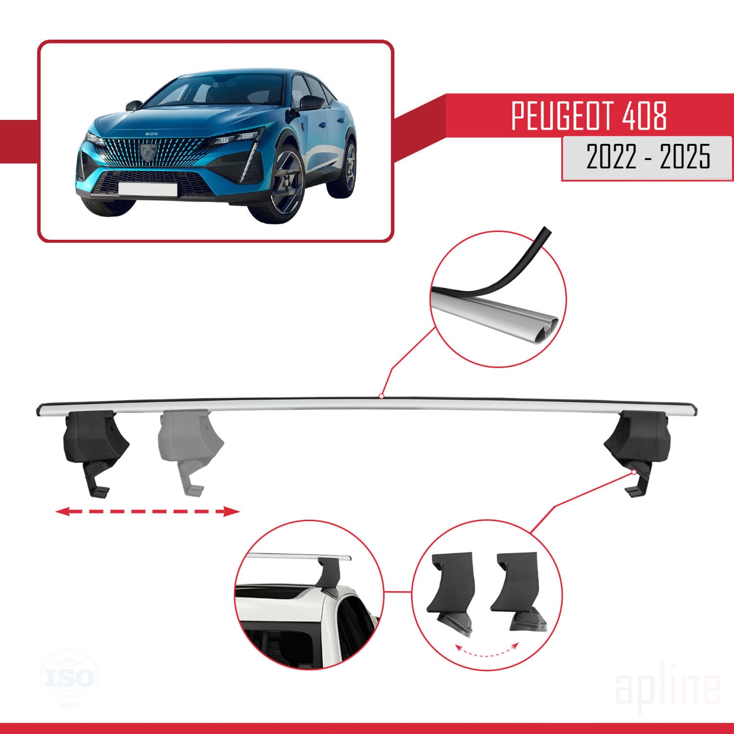 Compatible avec Peugeot 408 (P54) 2022-2025 ACE-4 Barres de Toit Railing Porte-Bagages de Voiture Gris Aluminium 2 Barres
