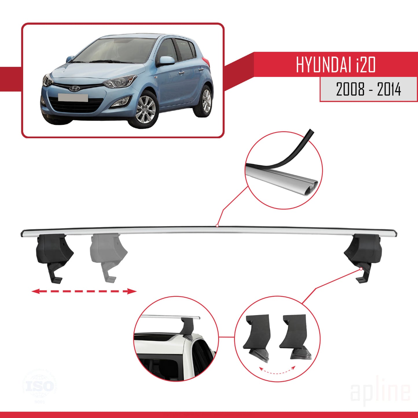 Compatible with Hyundai i20 (PB) 2008-2014 ACE-4 Car Roof Rack Cross Bar Grey Aluminium 2 Bars