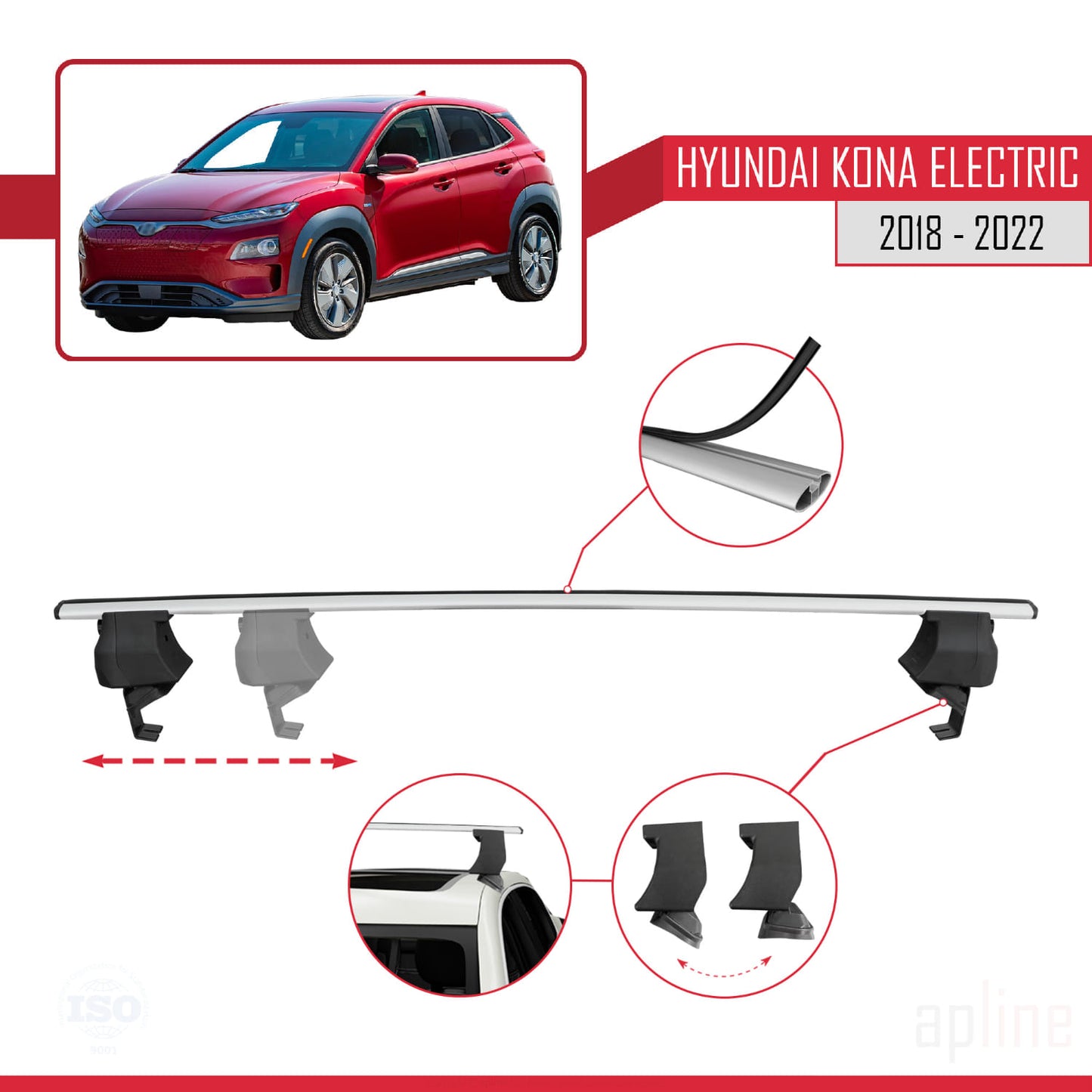 Compatible with Hyundai Kona Electric 2018-2022 ACE-4 Car Roof Rack Cross Bar Grey Aluminium 2 Bars