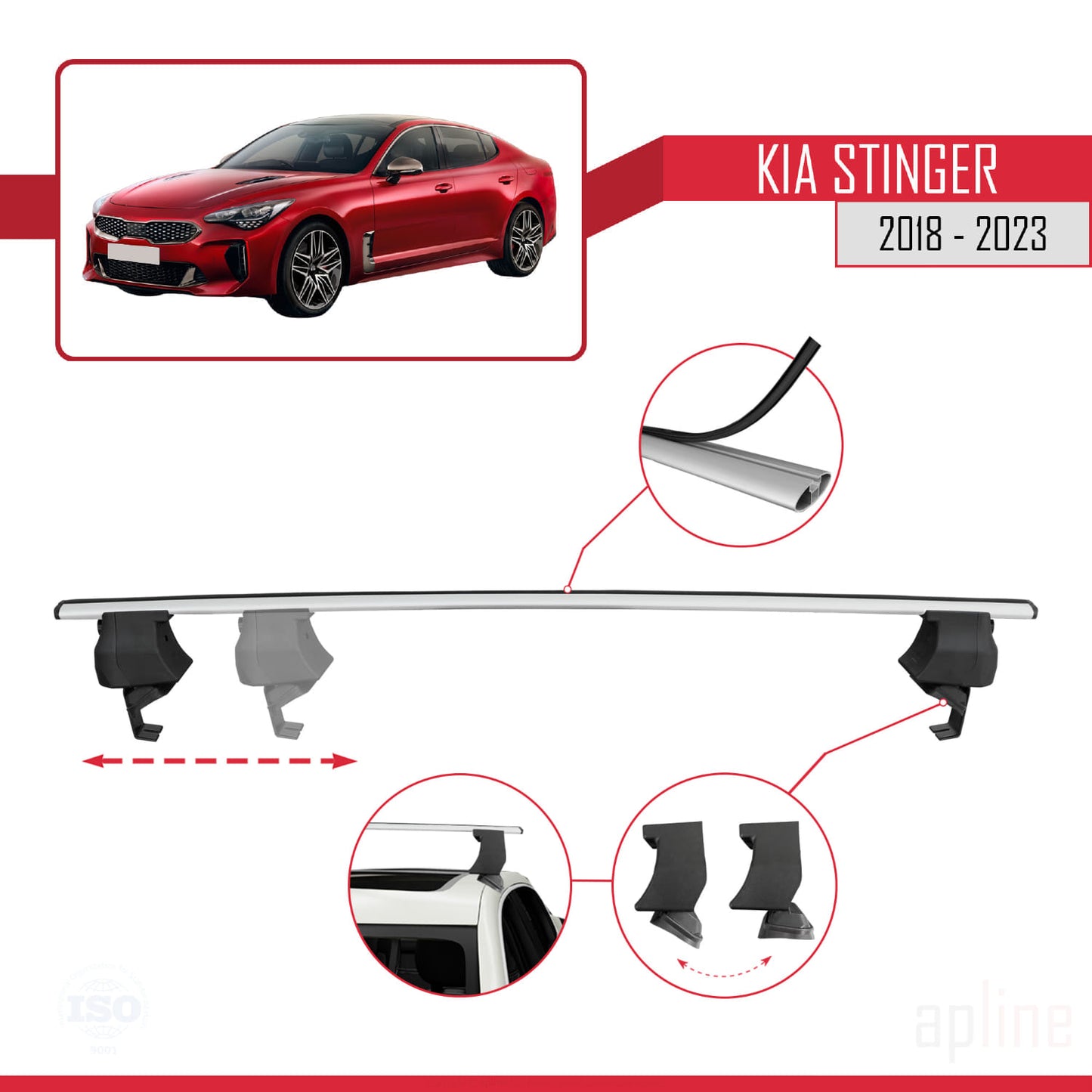 Compatible with Kia Stinger 2018-2023 ACE-4 Car Roof Rack Cross Bar Grey Aluminium 2 Bars