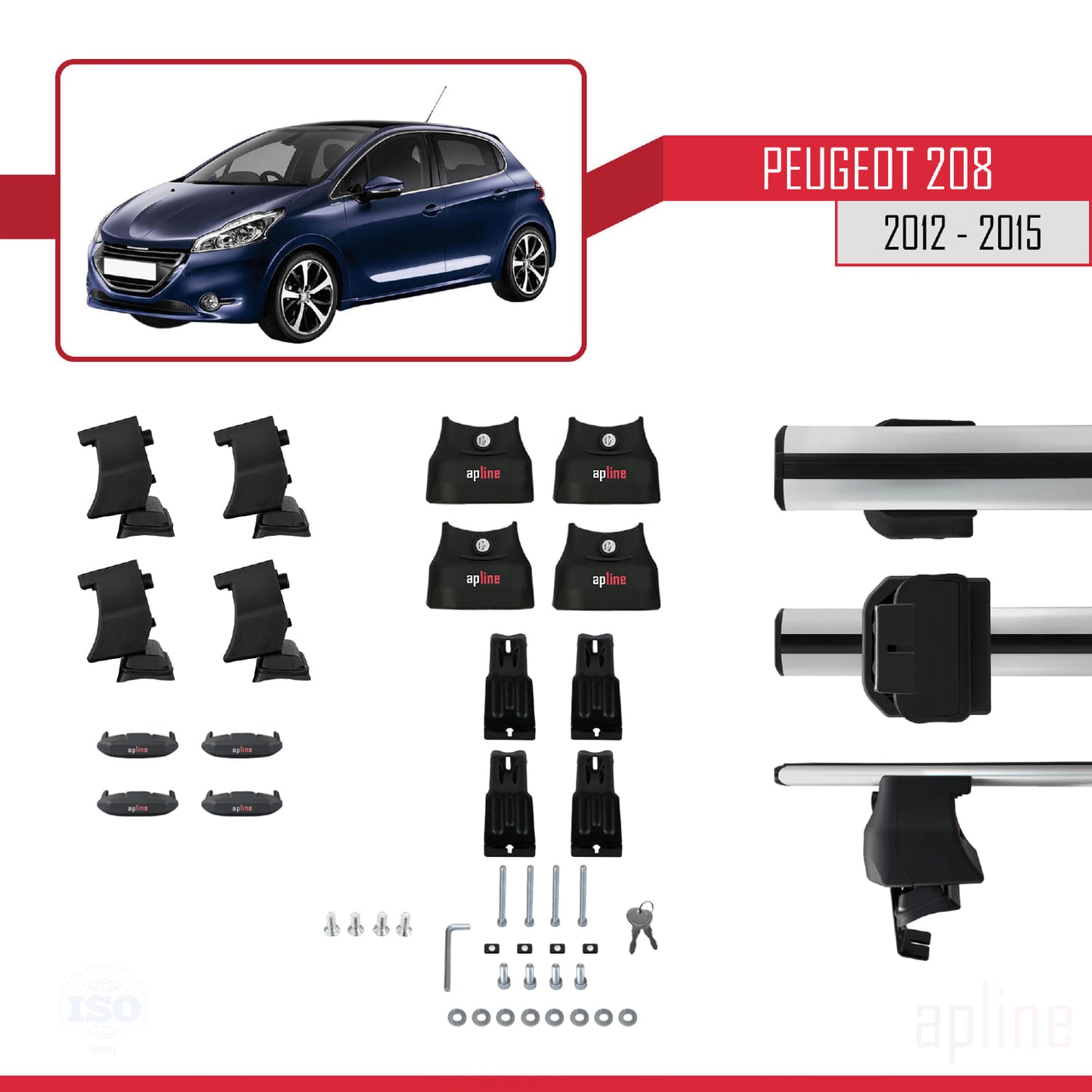 Compatible with Peugeot 208 (A9) Pre-Facelift 2012-2015 ACE-4 Car Roof Rack Cross Bar Grey Aluminium 2 Bars