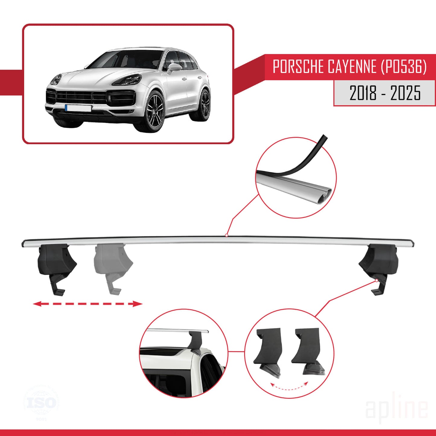Compatible with Porsche Cayenne 3 (9YA) 2018-2025 ACE-4 Car Roof Rack Cross Bar Grey Aluminium 2 Bars