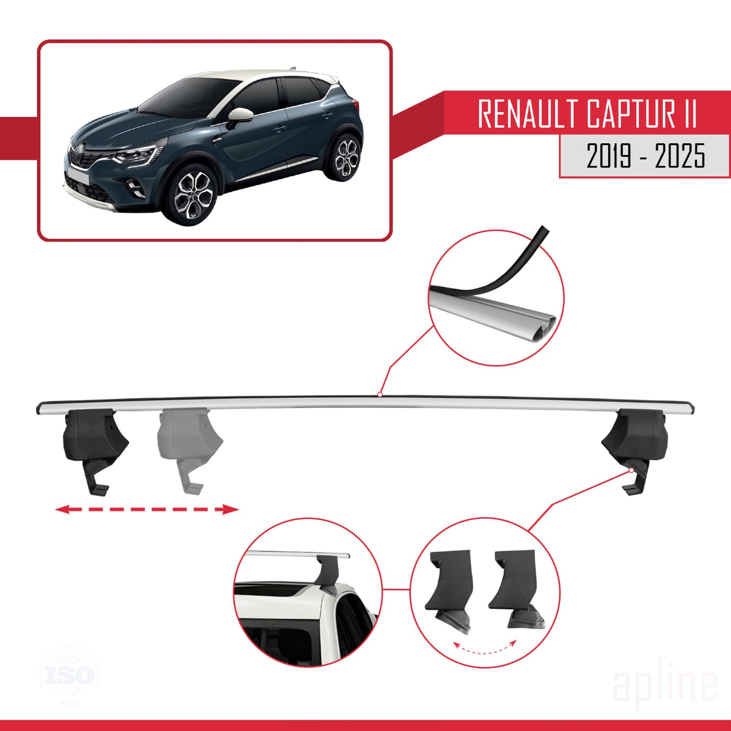 Compatible with Renault Captur 2 2019-2025 ACE-4 Car Roof Rack Cross Bar Grey Aluminium 2 Bars