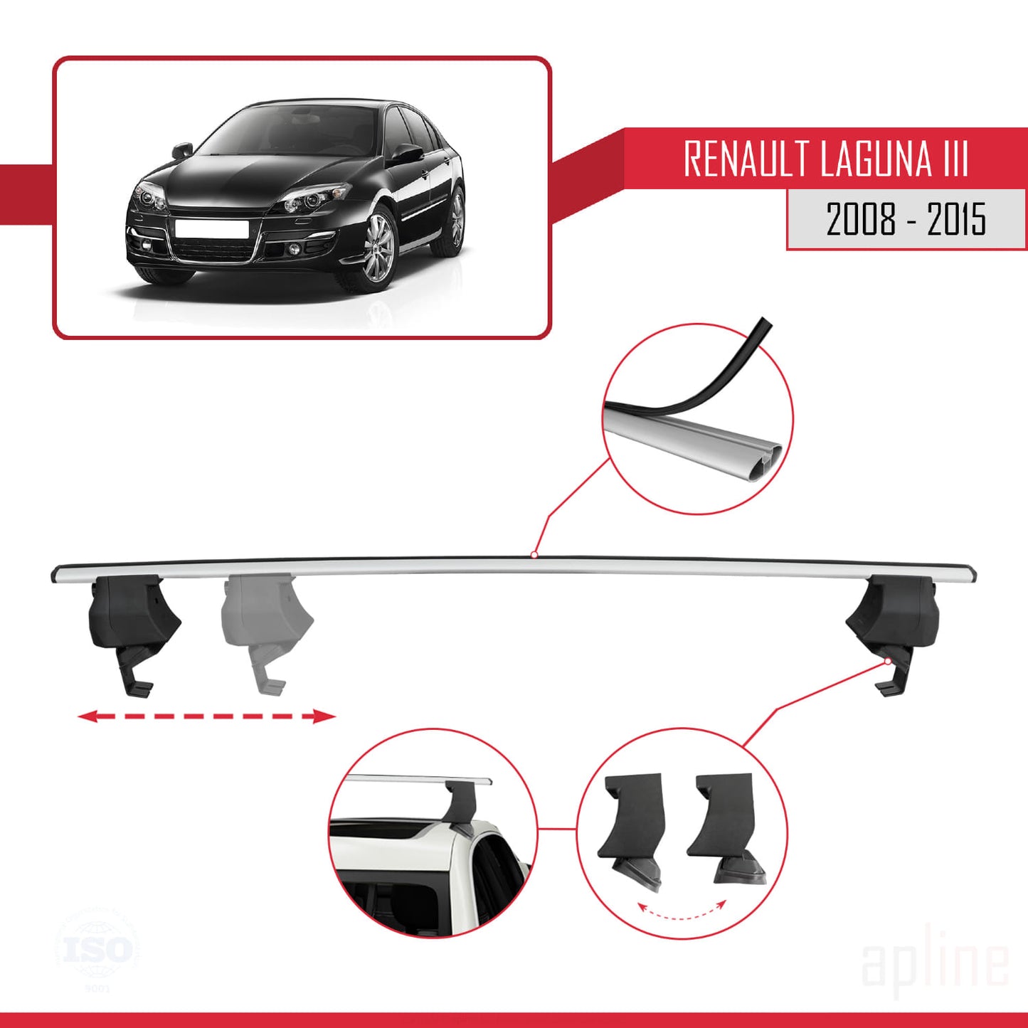 Compatible with Renault Laguna 3 (X91)2008-2015 ACE-4 Car Roof Rack Cross Bar Grey Aluminium 2 Bars