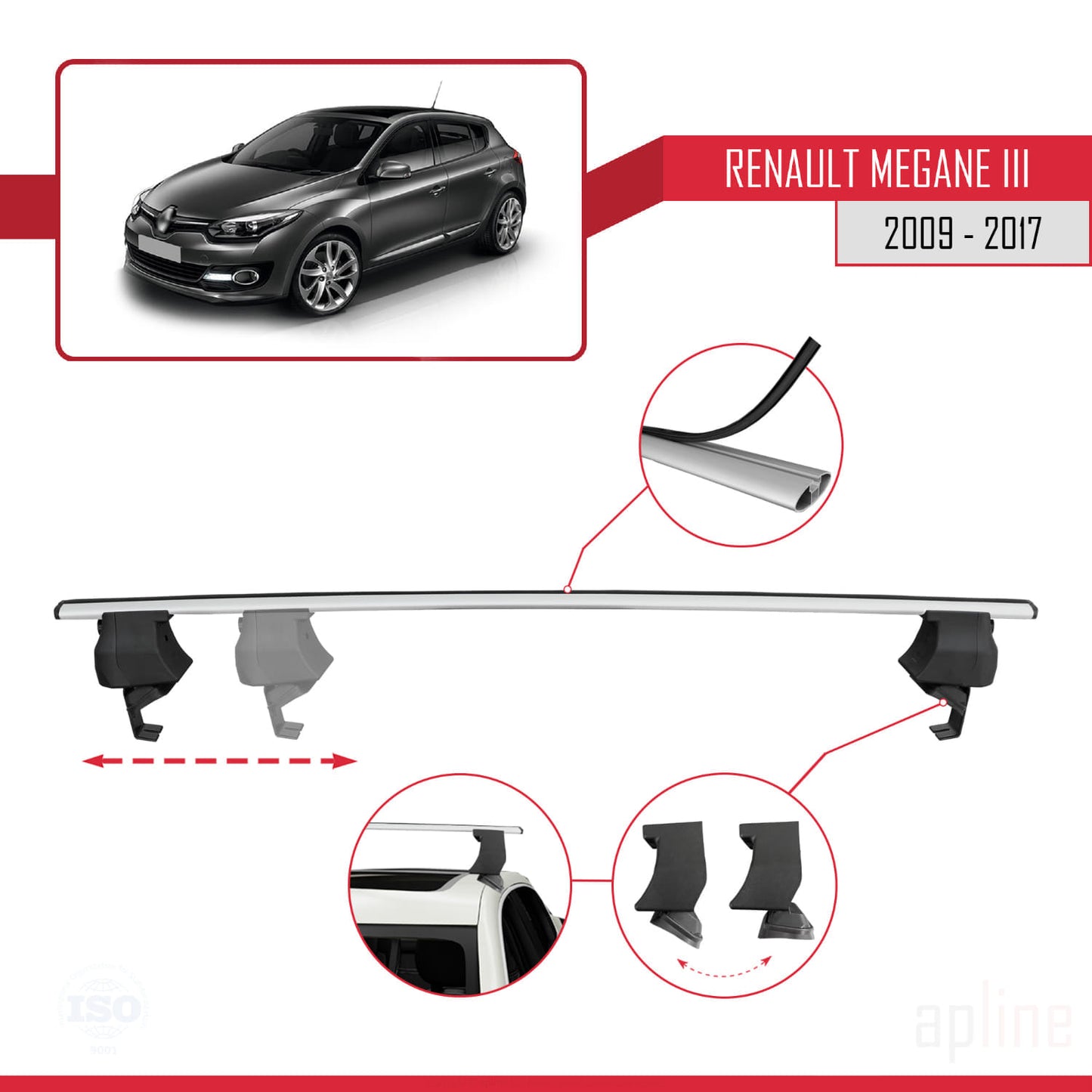 Compatible with Renault Megane 3 2009-2017 ACE-4 Car Roof Rack Cross Bar Grey Aluminium 2 Bars