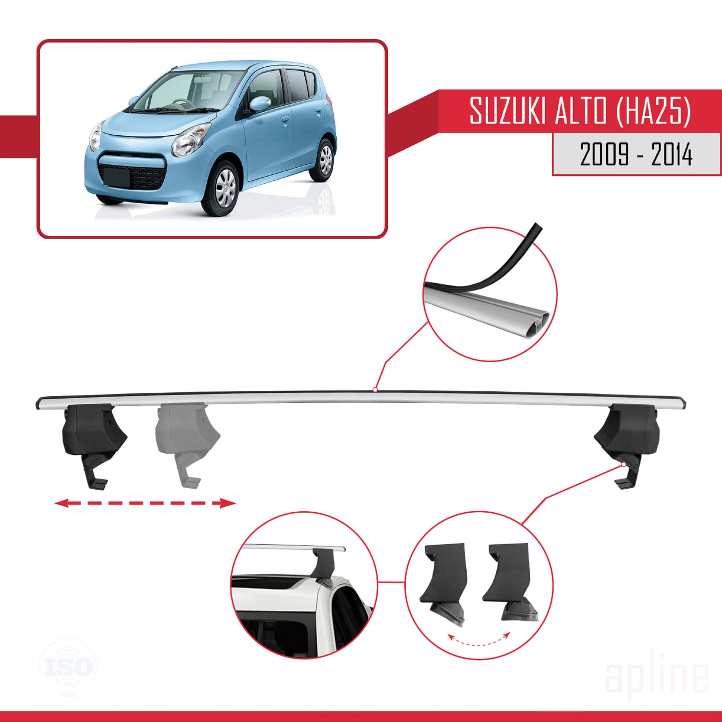 Compatible with Suzuki Alto (HA25) 2009-2014 ACE-4 Car Roof Rack Cross Bar Grey Aluminium 2 Bars