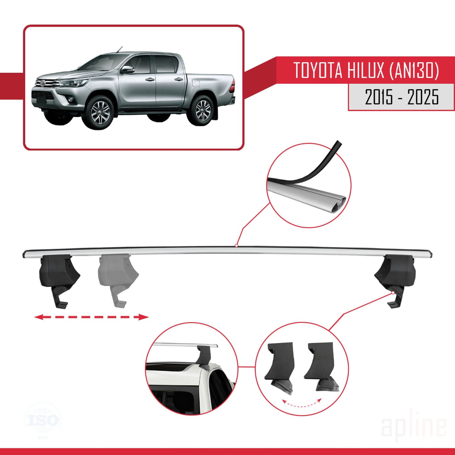 Compatible avec Toyota Hilux 8 (AN130) 2015-2025 ACE-4 Barres de Toit Railing Porte-Bagages de Voiture Gris Aluminium 2 Barres