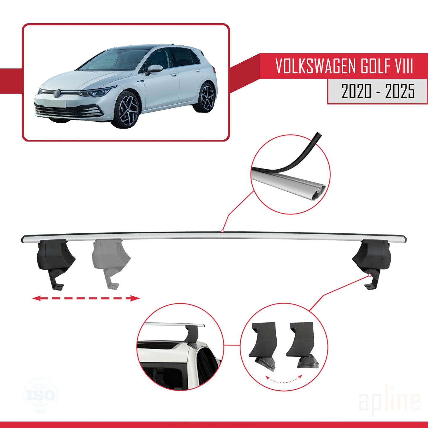 Compatible avec Volkswagen Golf 8 (CD1) 2020-2025 ACE-4 Barres de Toit Railing Porte-Bagages de Voiture Gris Aluminium 2 Barres