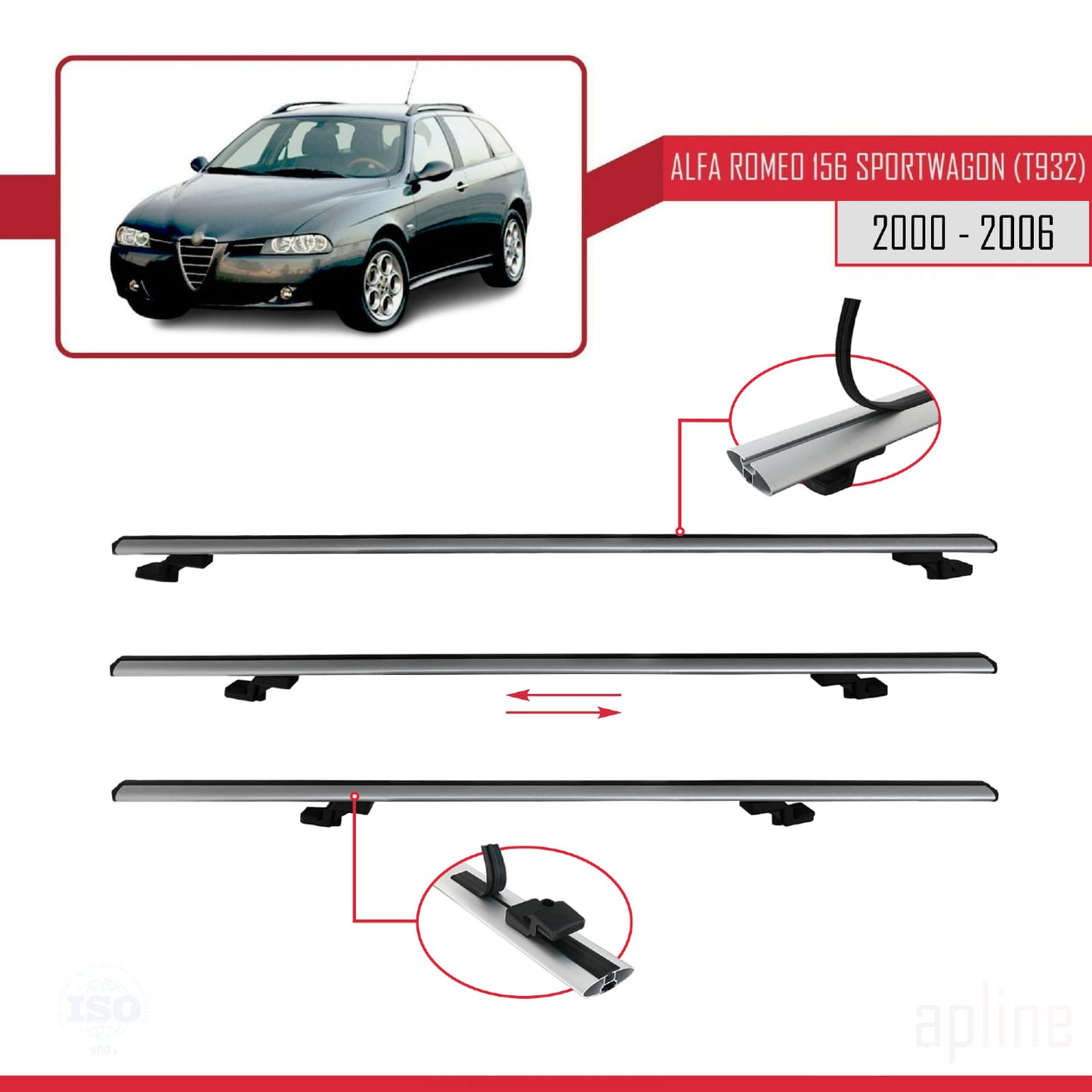 Compatible avec Alfa Romeo 156 (T932) Break 2000-2006 BASIC Model Barres de Toit Railing Porte-Bagages de Voiture Gris Aluminium 3 Barres
