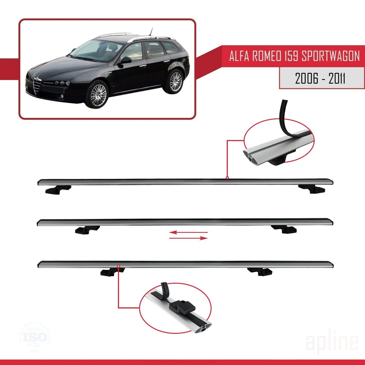 Compatible avec Alfa Romeo 159 (T939) Break 2006-2011 BASIC Model Barres de Toit Railing Porte-Bagages de Voiture Gris Aluminium 2 Barres