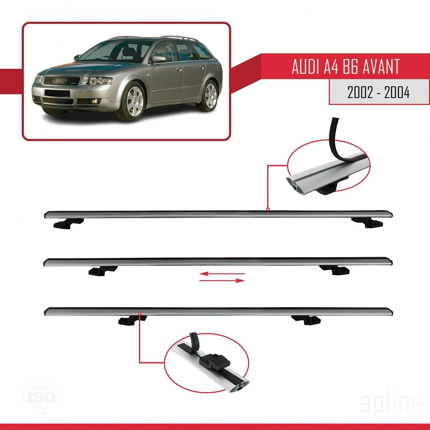 Compatible avec A4 (B6) Avant 2002-2004 BASIC Model Barres de Toit Railing Porte-Bagages de Voiture Gris Aluminium 3 Barres