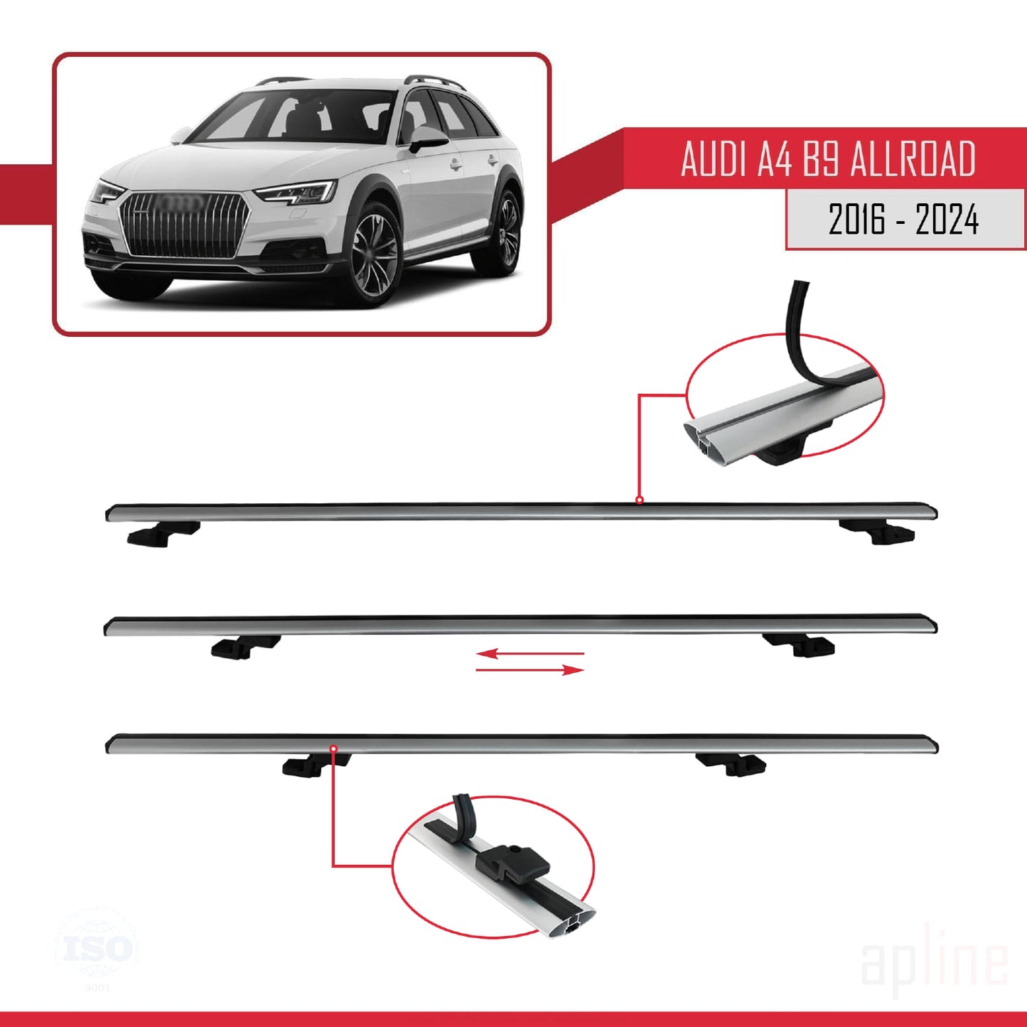 Compatible avec A4 (B9) Allroad 2016-2024 BASIC Model Barres de Toit Railing Porte-Bagages de Voiture Gris Aluminium 3 Barres