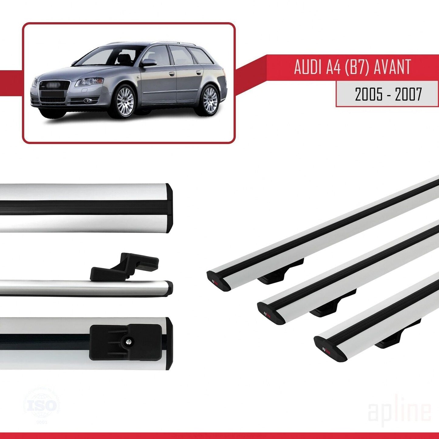 Compatible avec A4 (B7) Avant 2005-2007 BASIC Model Barres de Toit Railing Porte-Bagages de Voiture Gris Aluminium 3 Barres