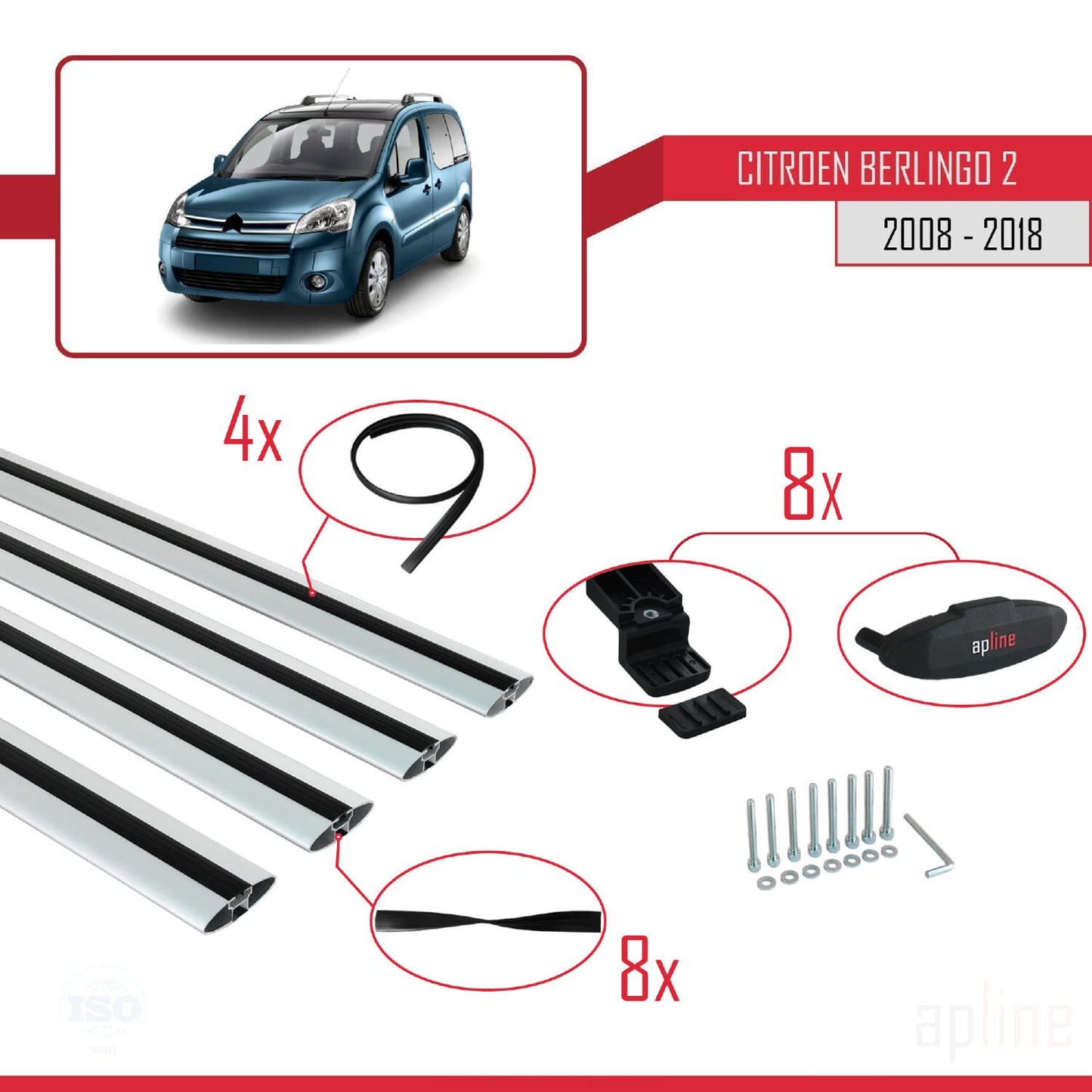 Compatible with Citroen Berlingo 2 (B9) 2008-2018 BASIC Model Car Roof Rack Cross Bar Grey Aluminium 4 Bars