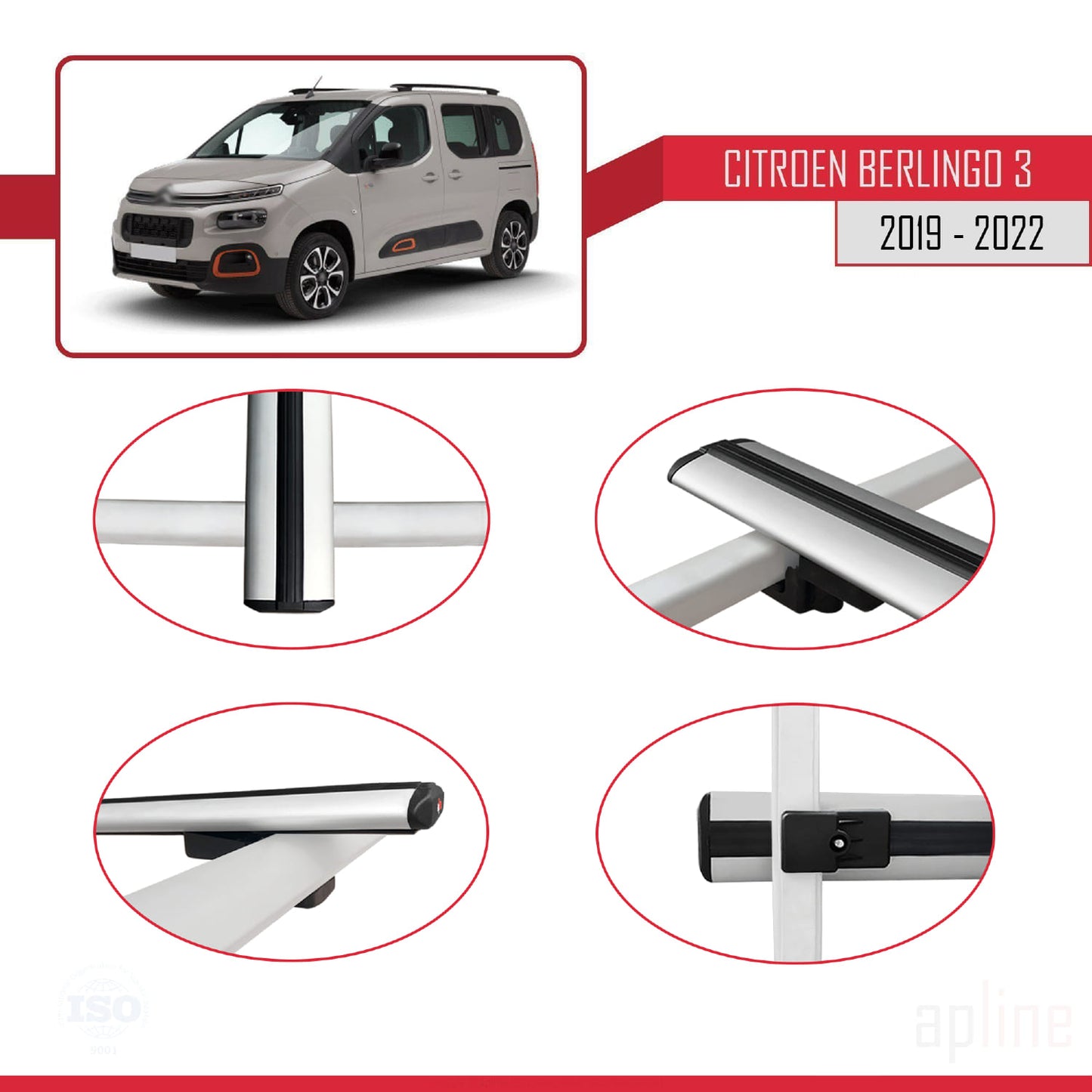Compatible with Citroen Berlingo 3 (K9) 2019-2022 BASIC Model Car Roof Rack Cross Bar Grey Aluminium 4 Bars