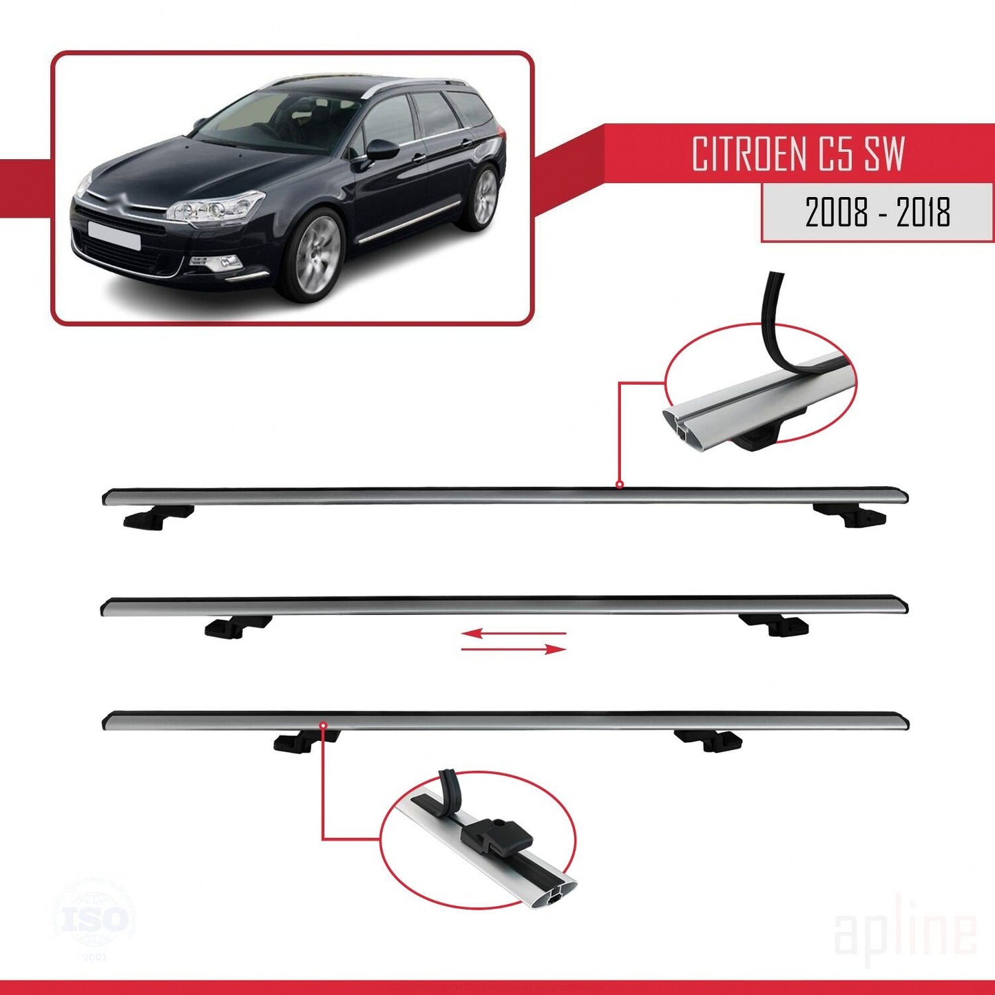 Compatible avec Citroen C5 II Tourer 2008-2018 BASIC Model Barres de Toit Railing Porte-Bagages de Voiture Gris Aluminium 3 Barres