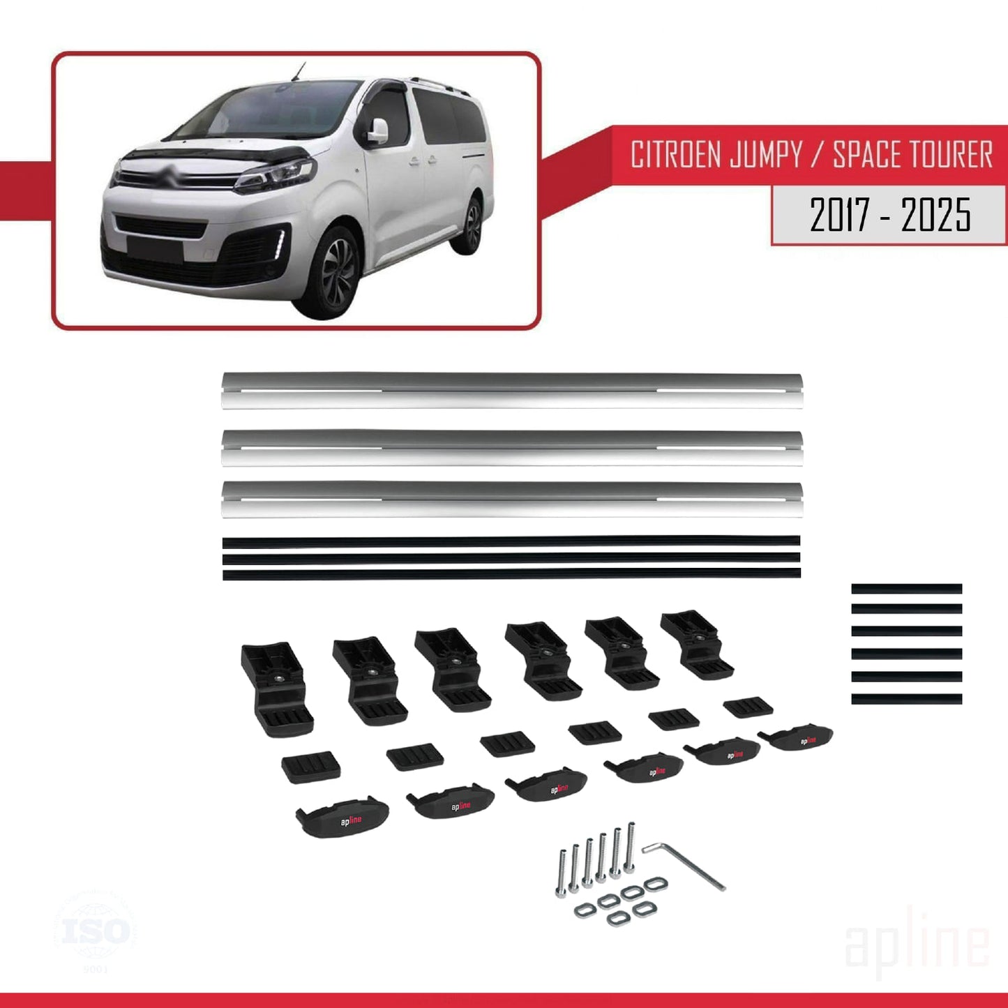 Compatible avec Citroen Jumpy 3 (K0) Space Tourer 2017-2025 BASIC Model Barres de Toit Railing Porte-Bagages de Voiture Gris Aluminium 3 Barres